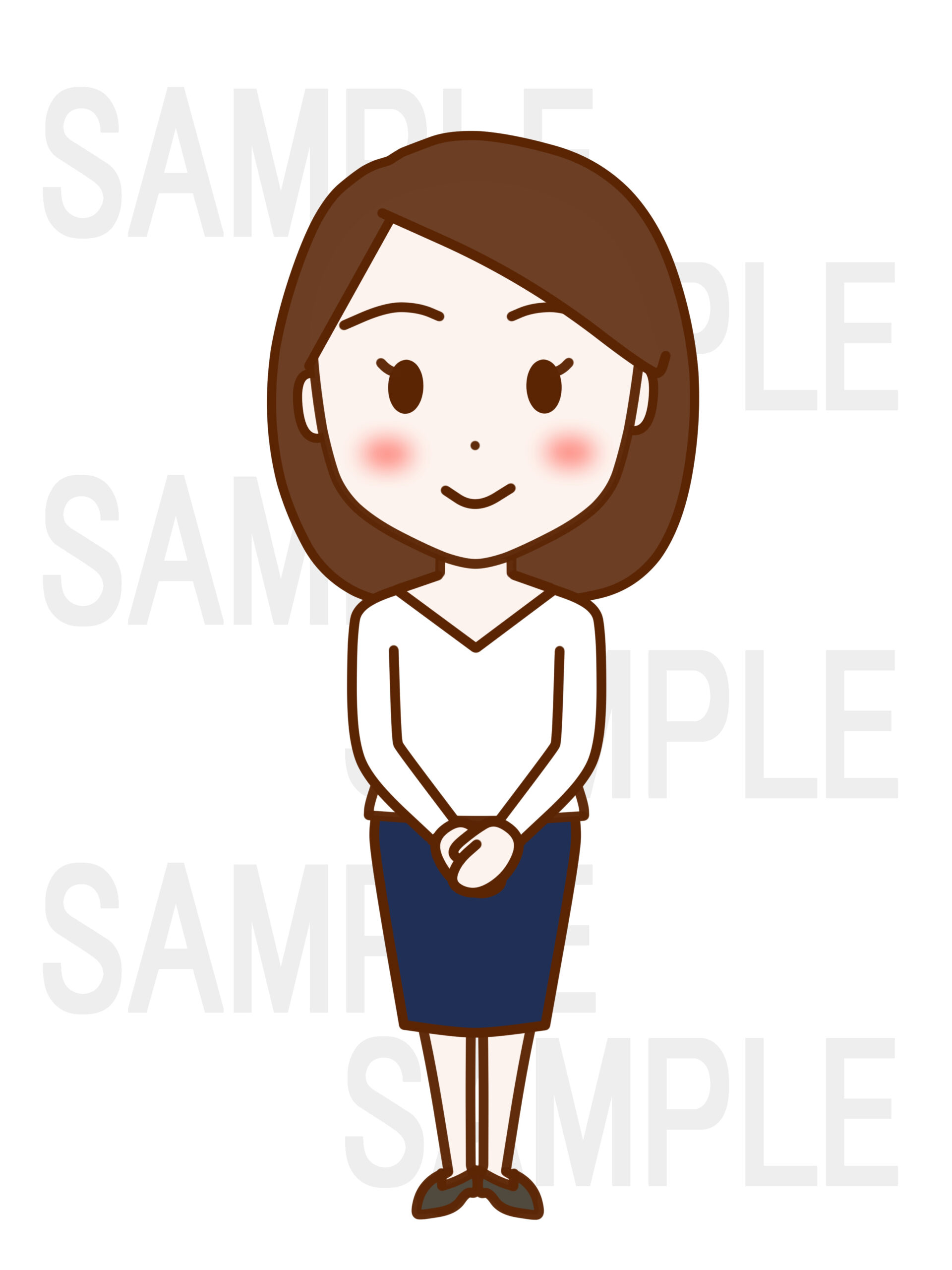 全身正面で礼儀正しく立ち笑顔の女性