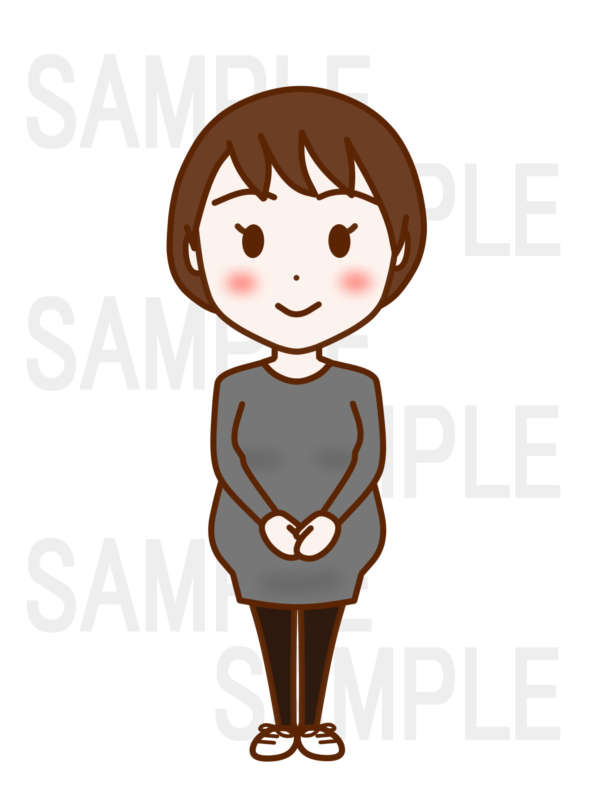 全身正面で礼儀正しく立ち笑顔の女性