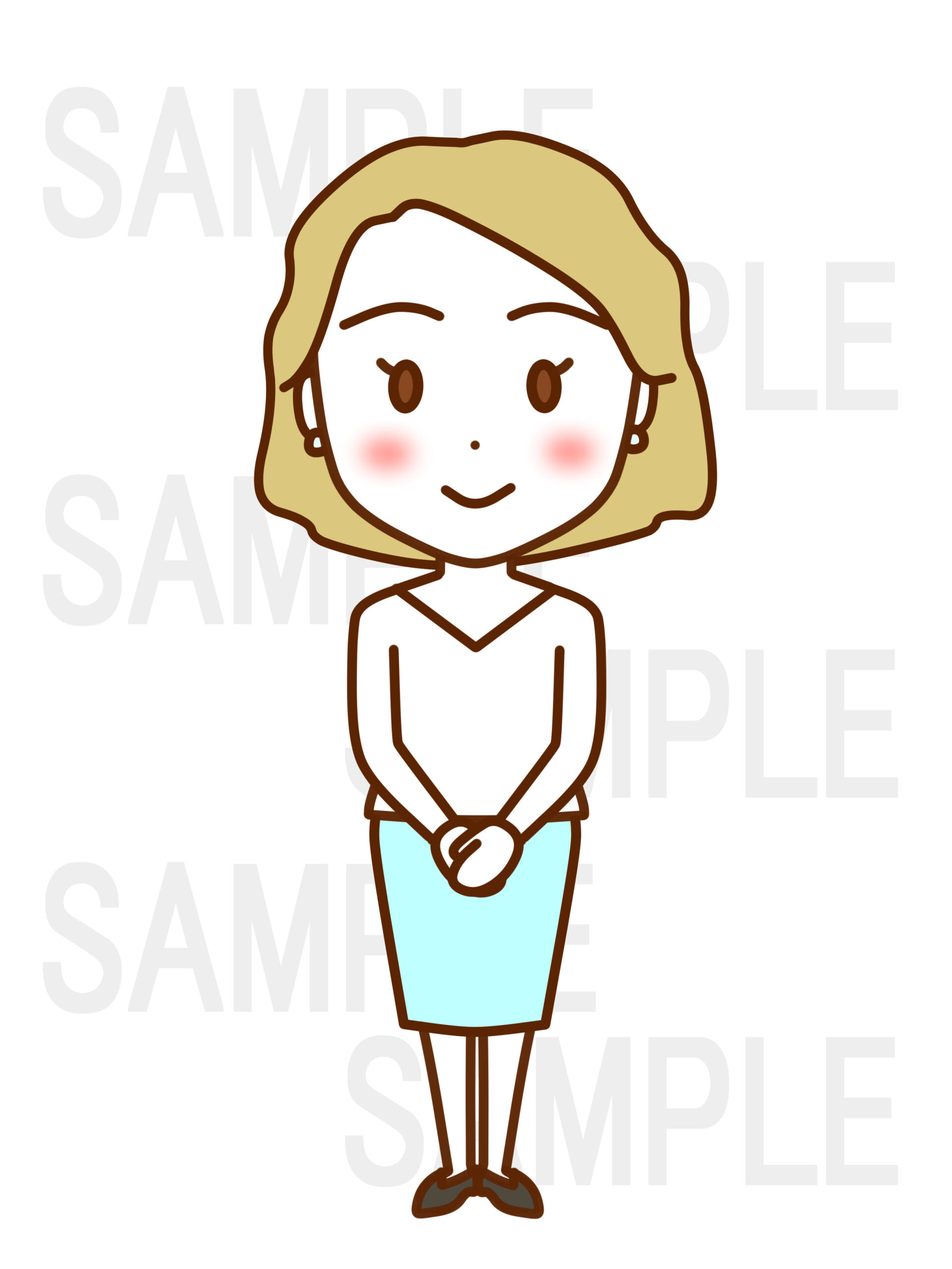 全身正面で礼儀正しく立ち笑顔の女性