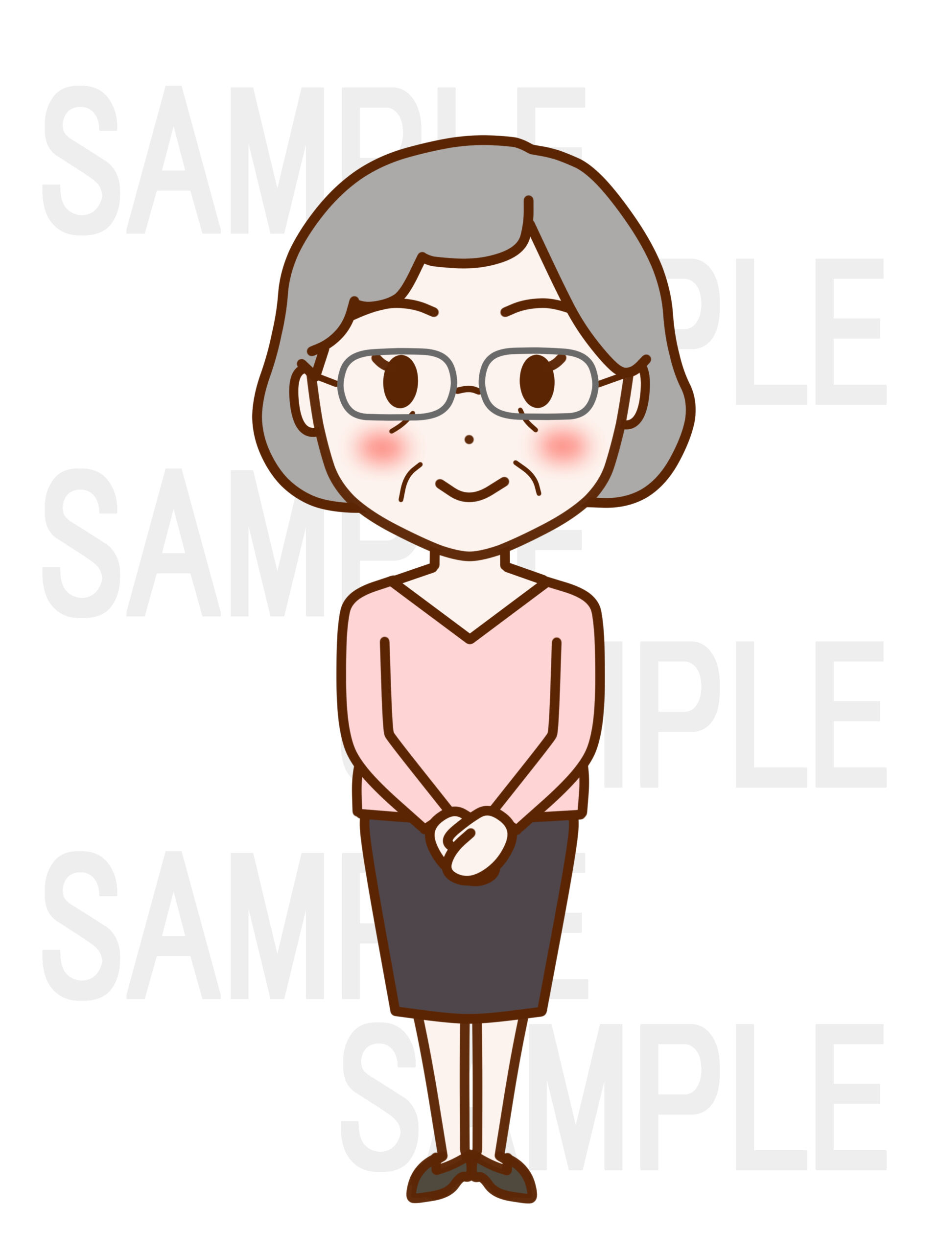 全身正面で礼儀正しく立ち笑顔の女性
