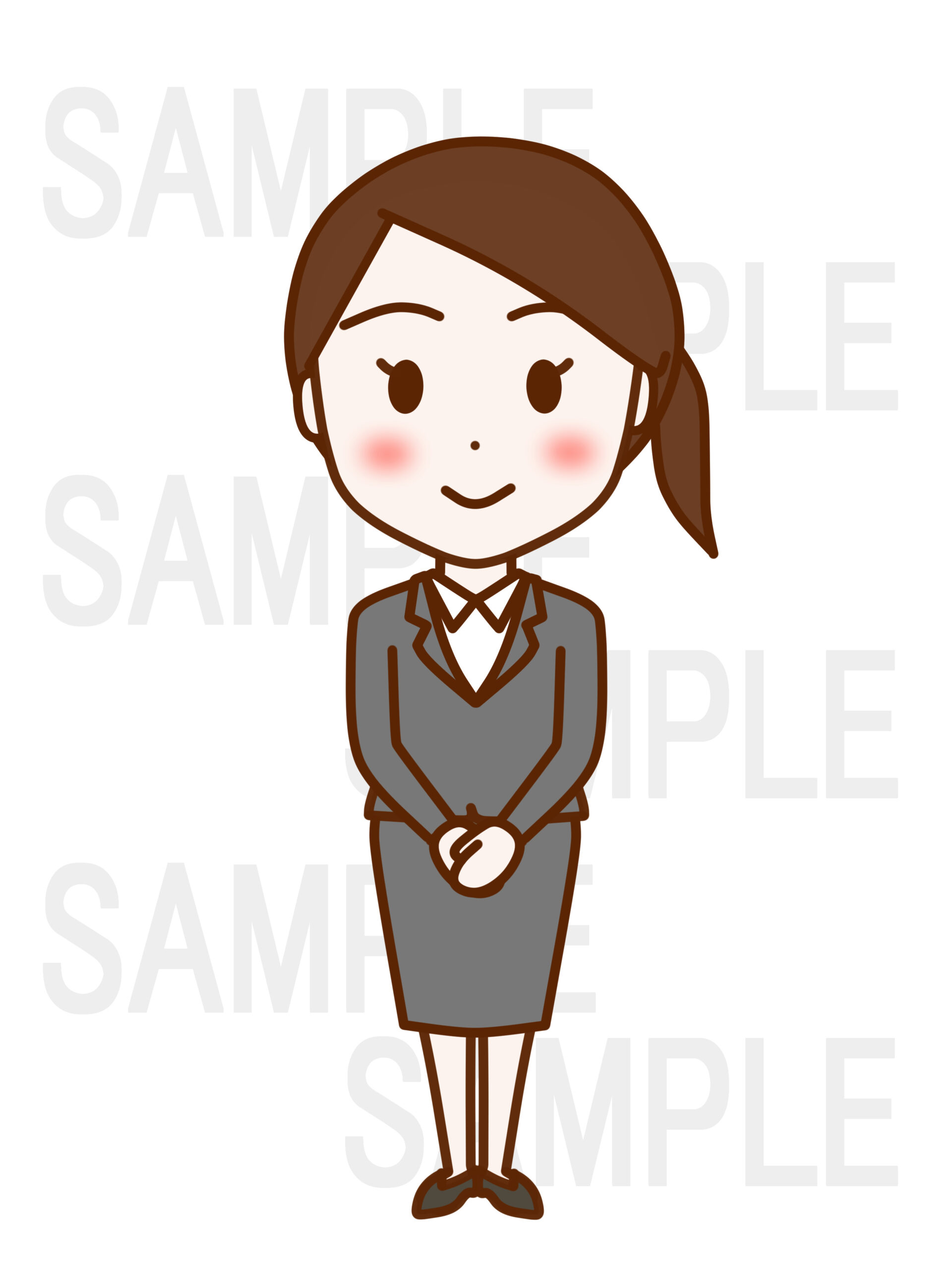 全身正面で礼儀正しく立ち笑顔の女性