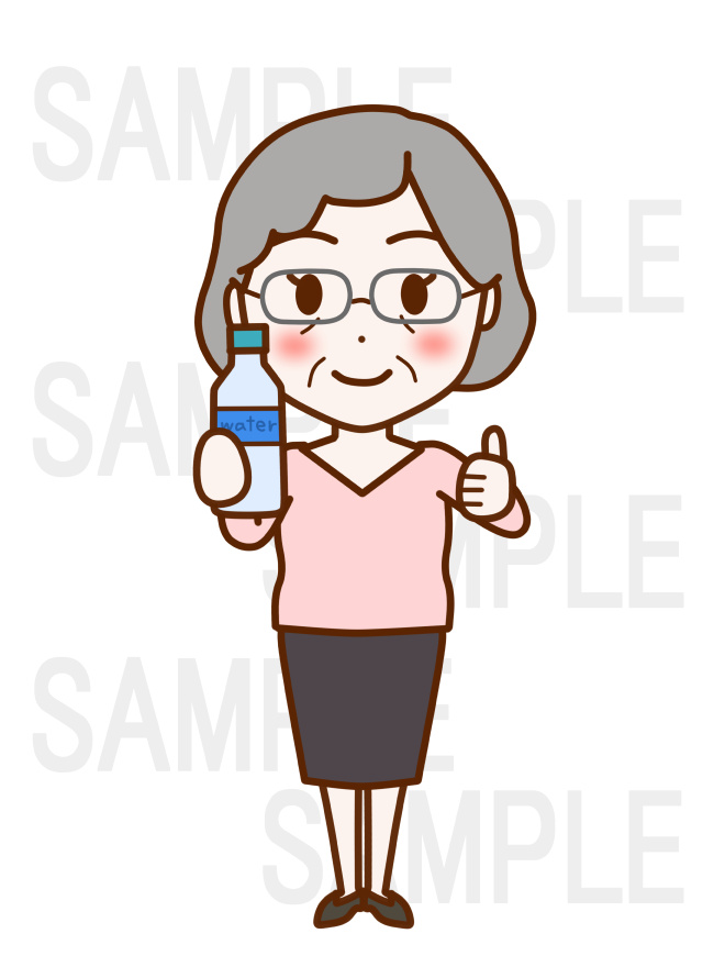 全身正面でペットボトルを持ち笑顔でグッドな手をしている女性