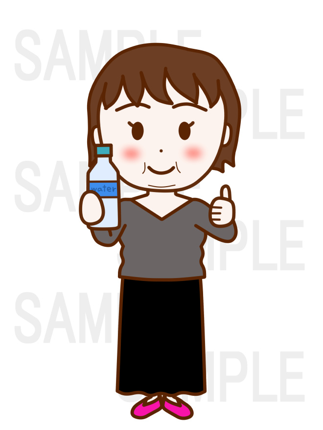 全身正面でペットボトルを持ち笑顔でグッドな手をしている女性