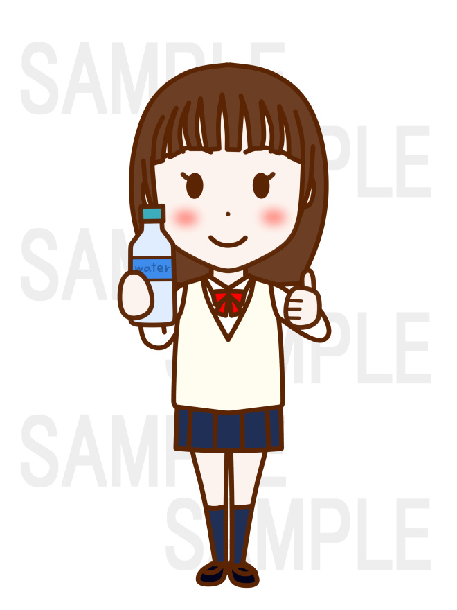 全身正面でペットボトルを持ち笑顔でグッドな手をしている女子