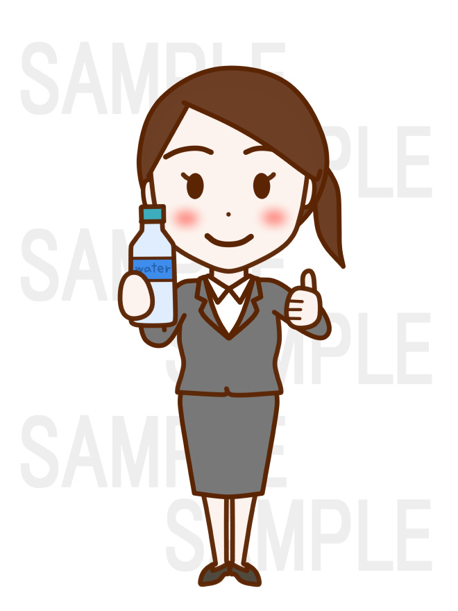 全身正面でペットボトルを持ち笑顔でグッドな手をしている女性