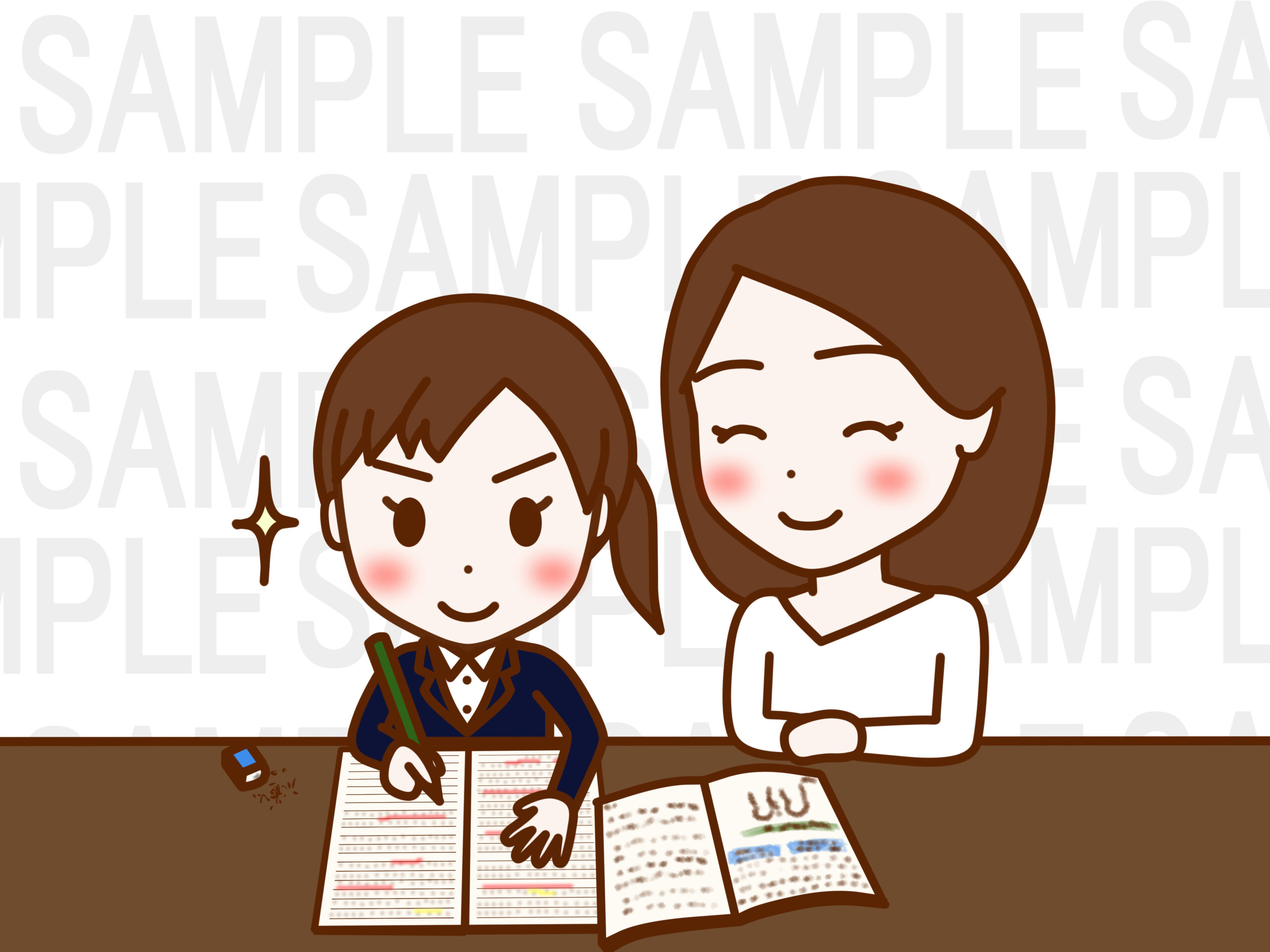 ２人で机で勉強をする日本人少女と日本人女性