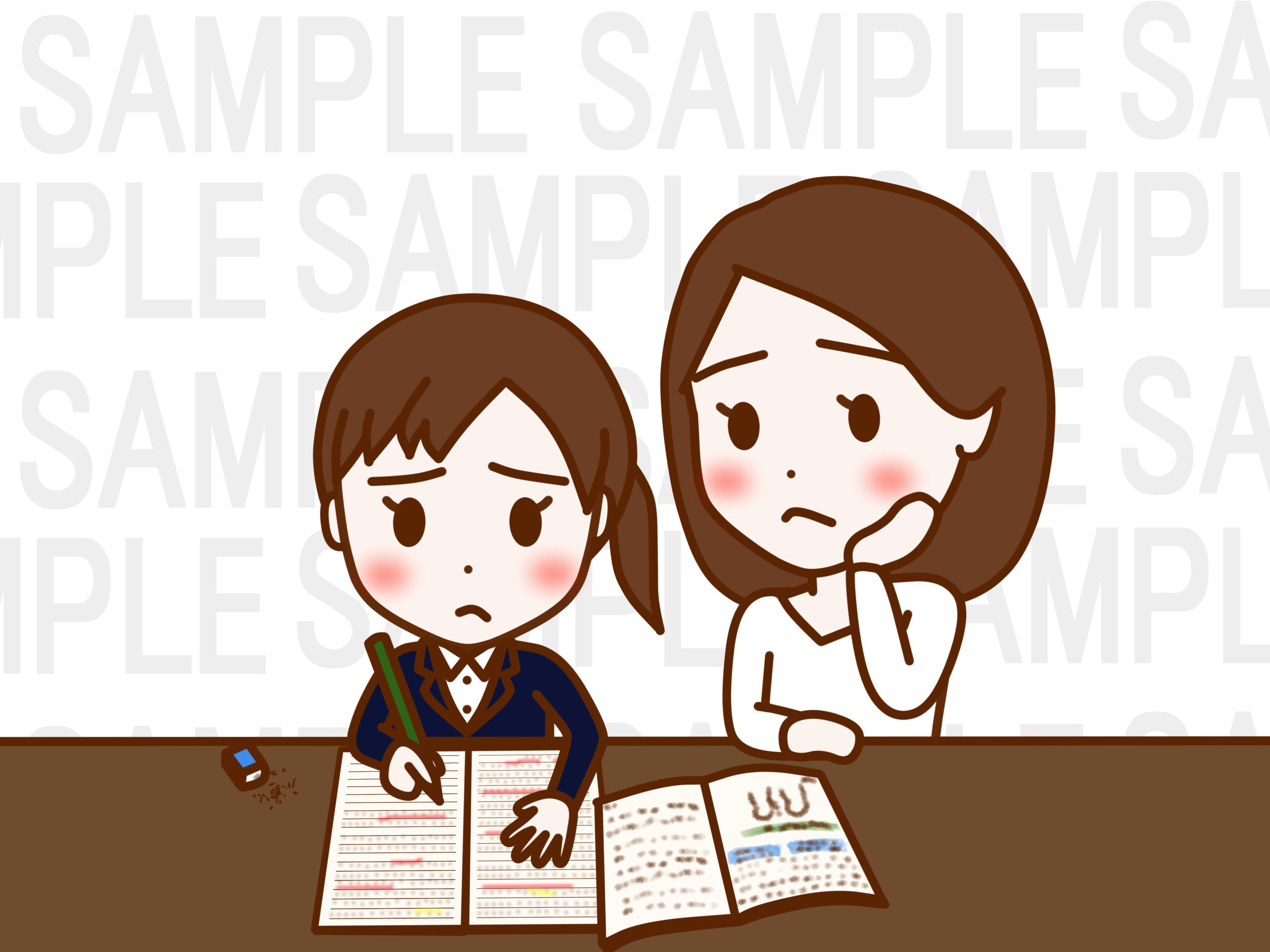 迷いながら勉強して日本人少女とそれを見て心配する日本人女性