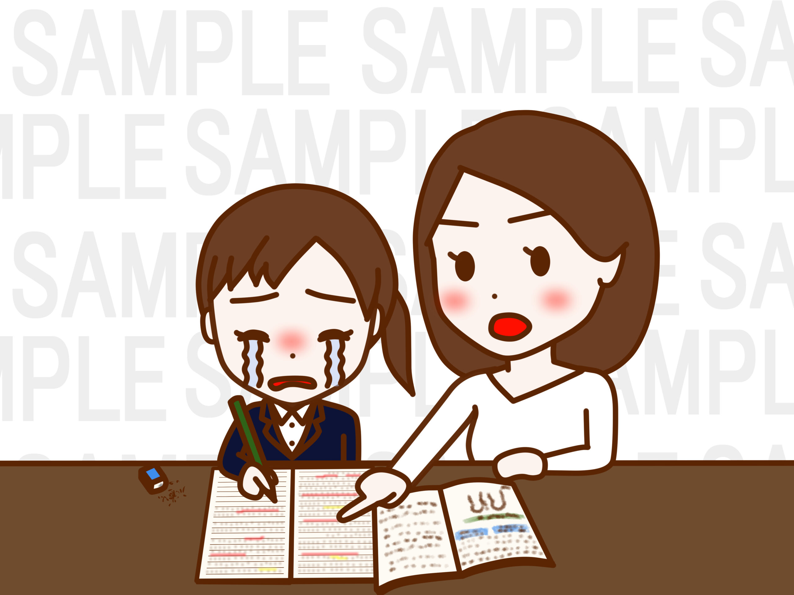 泣きながら勉強をする日本人少女と叱咤激励し教える日本人女性