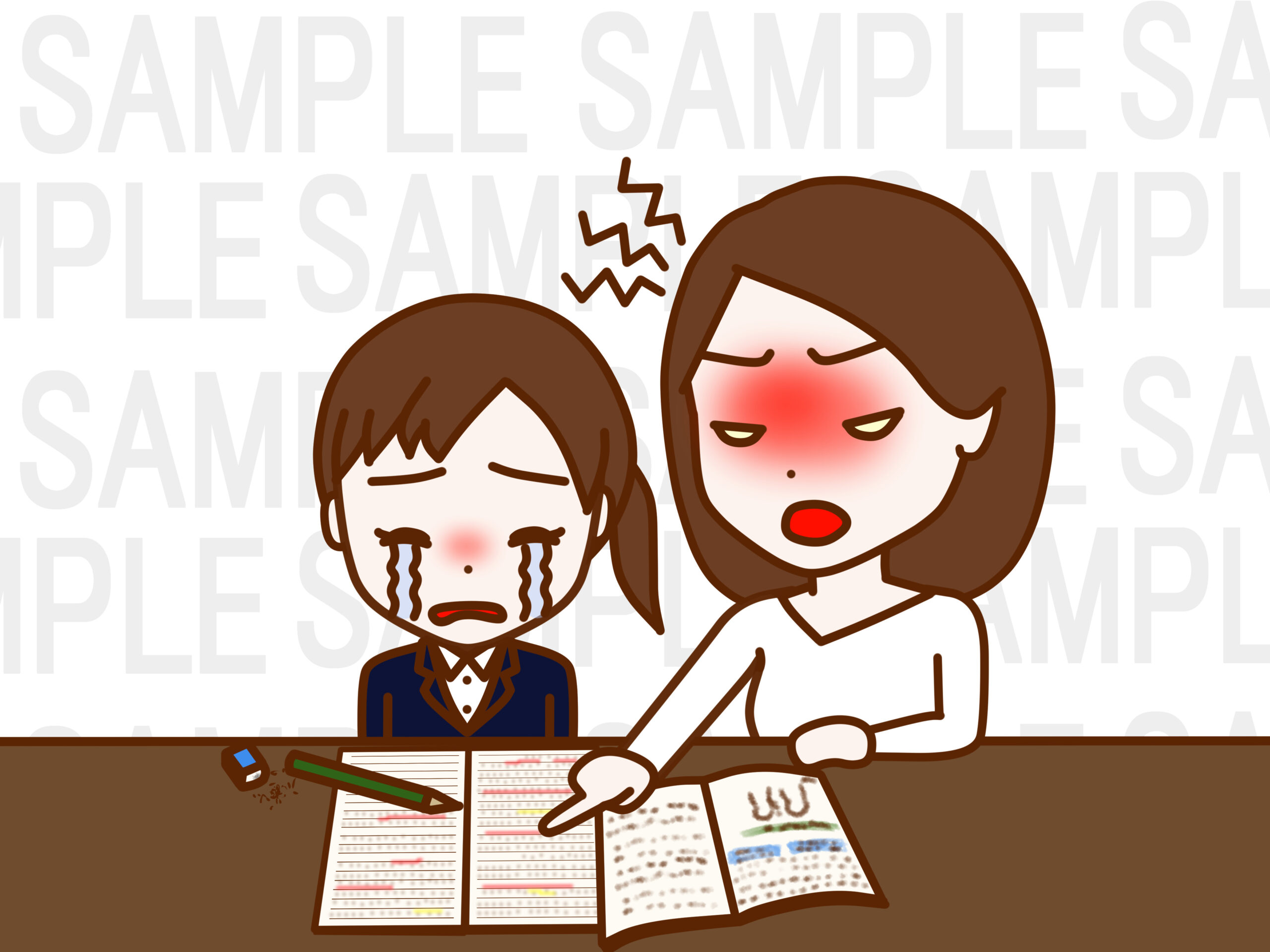 泣きながら勉強をする日本人少女と怒って教える日本人女性