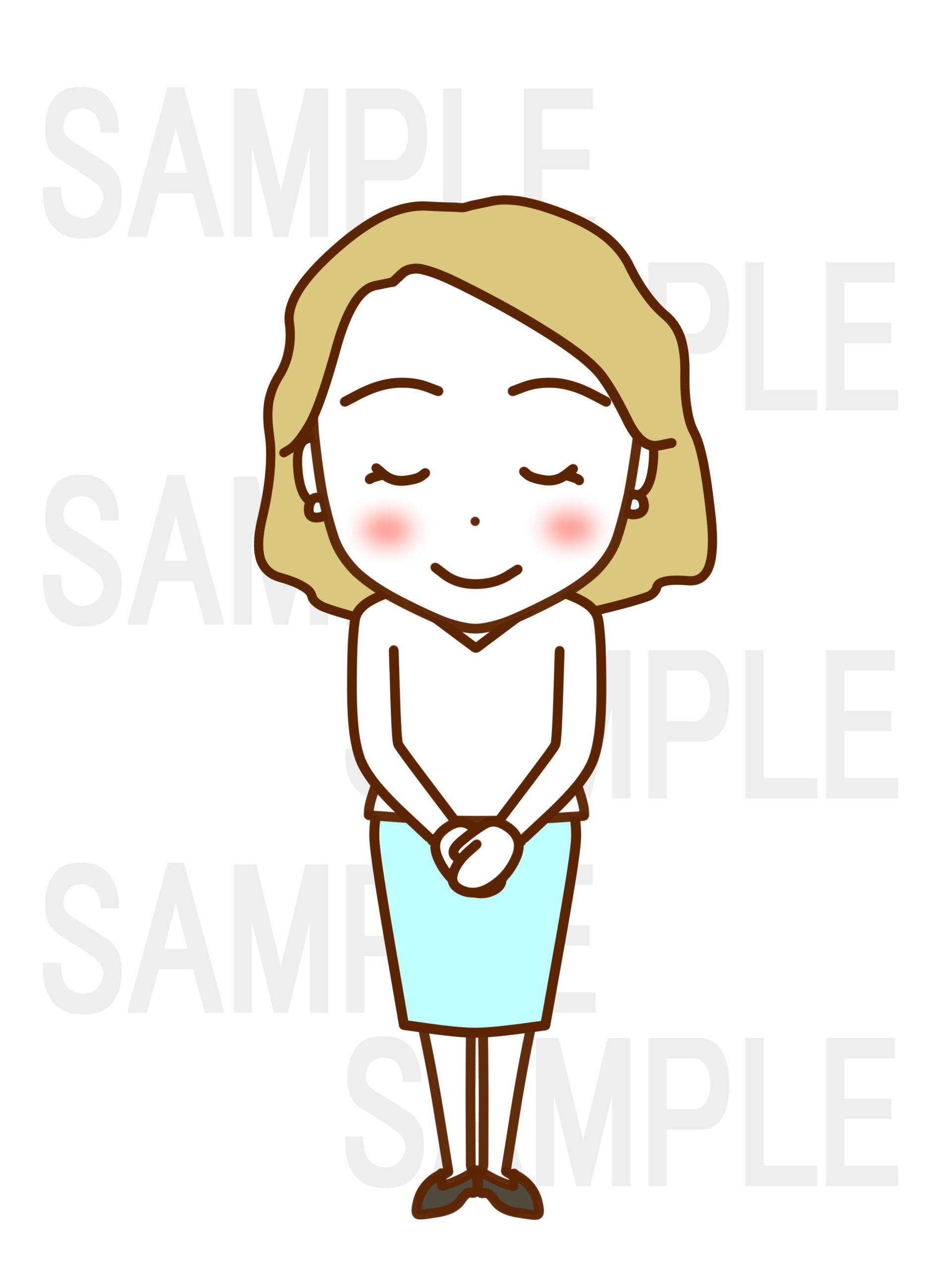 全身正面で礼儀正しくお辞儀する笑顔の女性