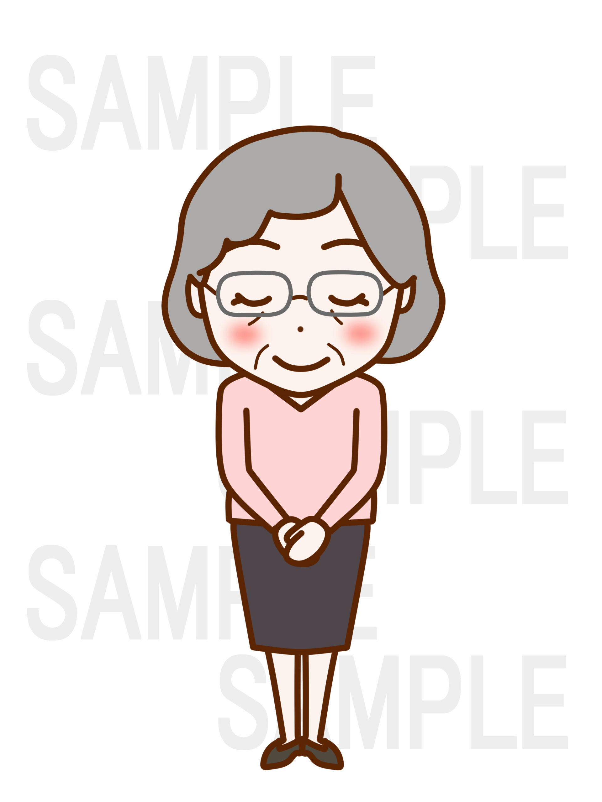 全身正面で礼儀正しくお辞儀する笑顔の女性