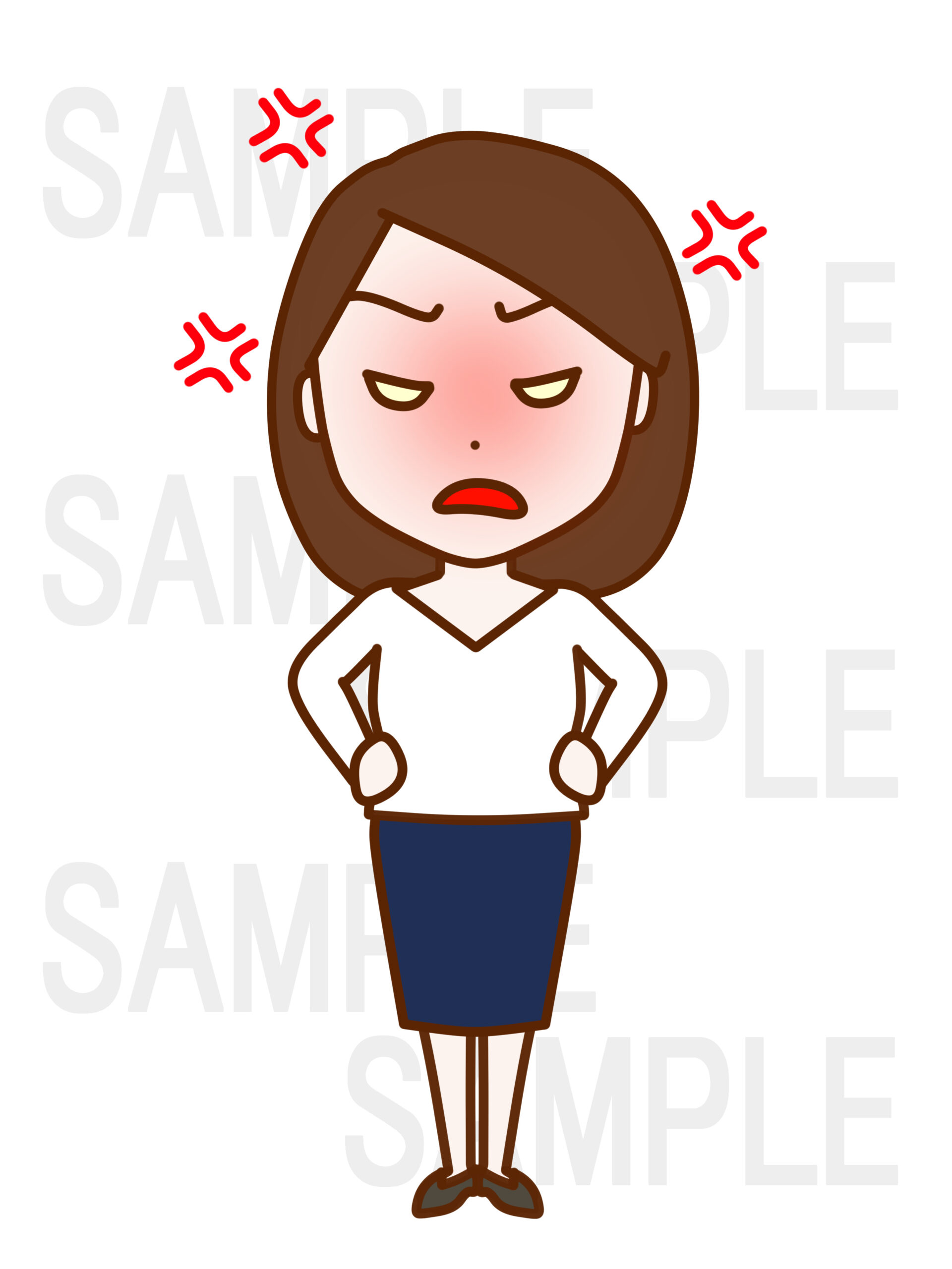 （全身正面）腰に手を当てて怒っている女性