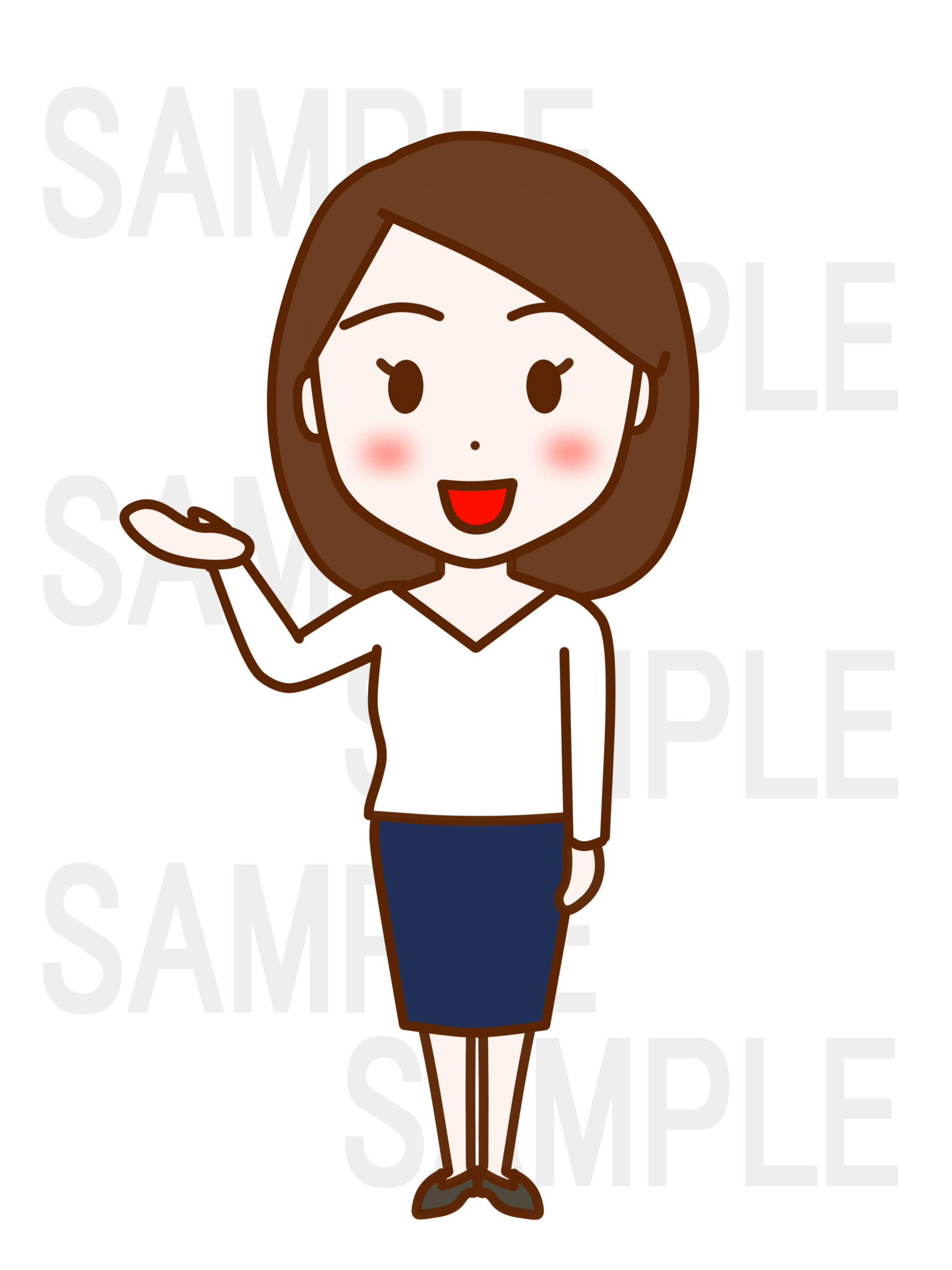 全身正面で笑顔を作りこちらですと手のひらで案内する女性