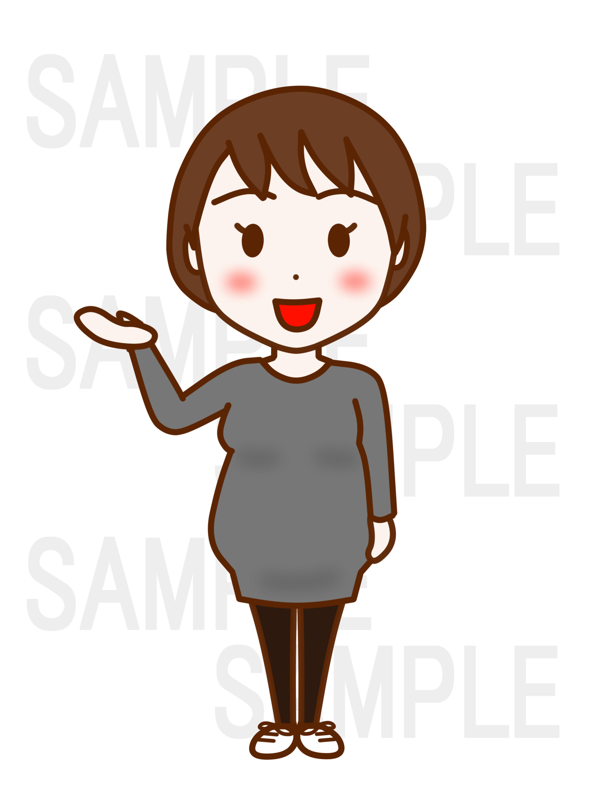 全身正面で笑顔を作りこちらですと手のひらで案内する女性