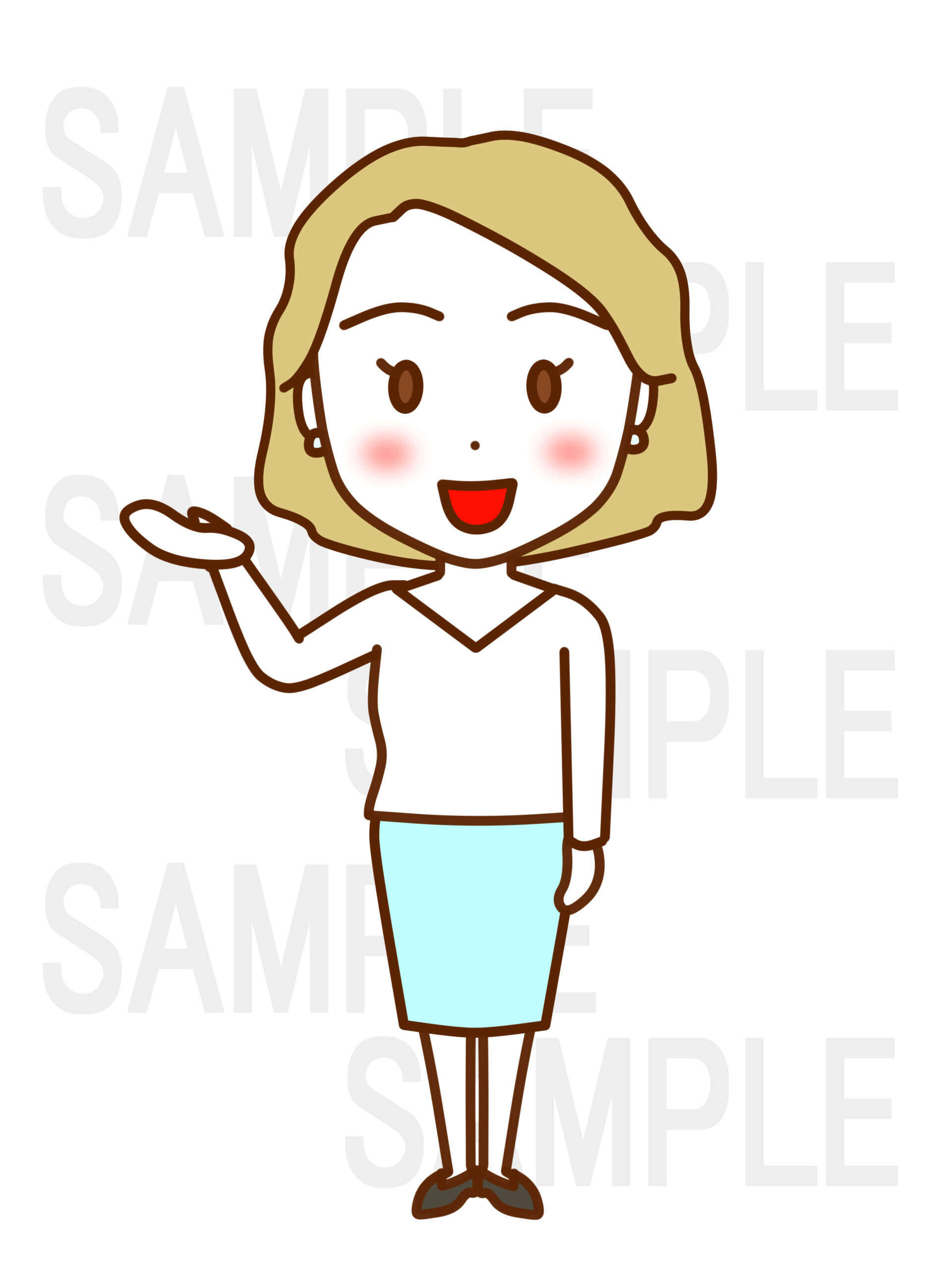 全身正面で笑顔を作りこちらですと手のひらで案内する女性