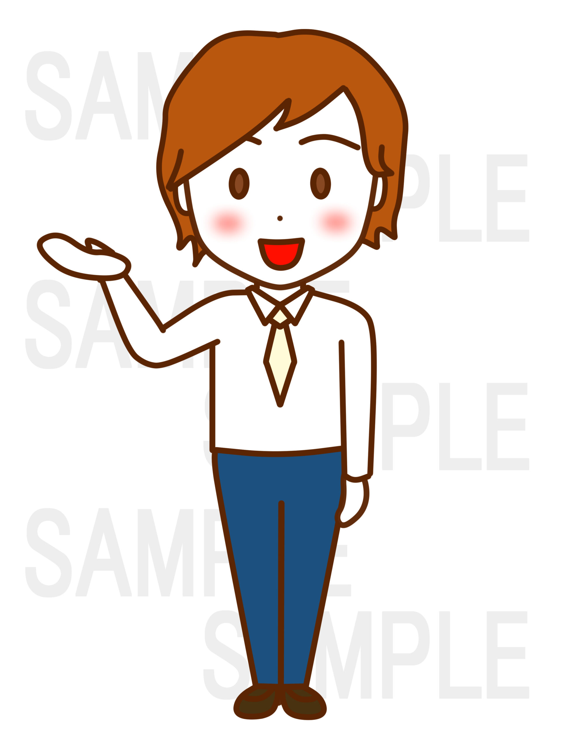 全身正面で笑顔を作りこちらですと手のひらで案内する男性