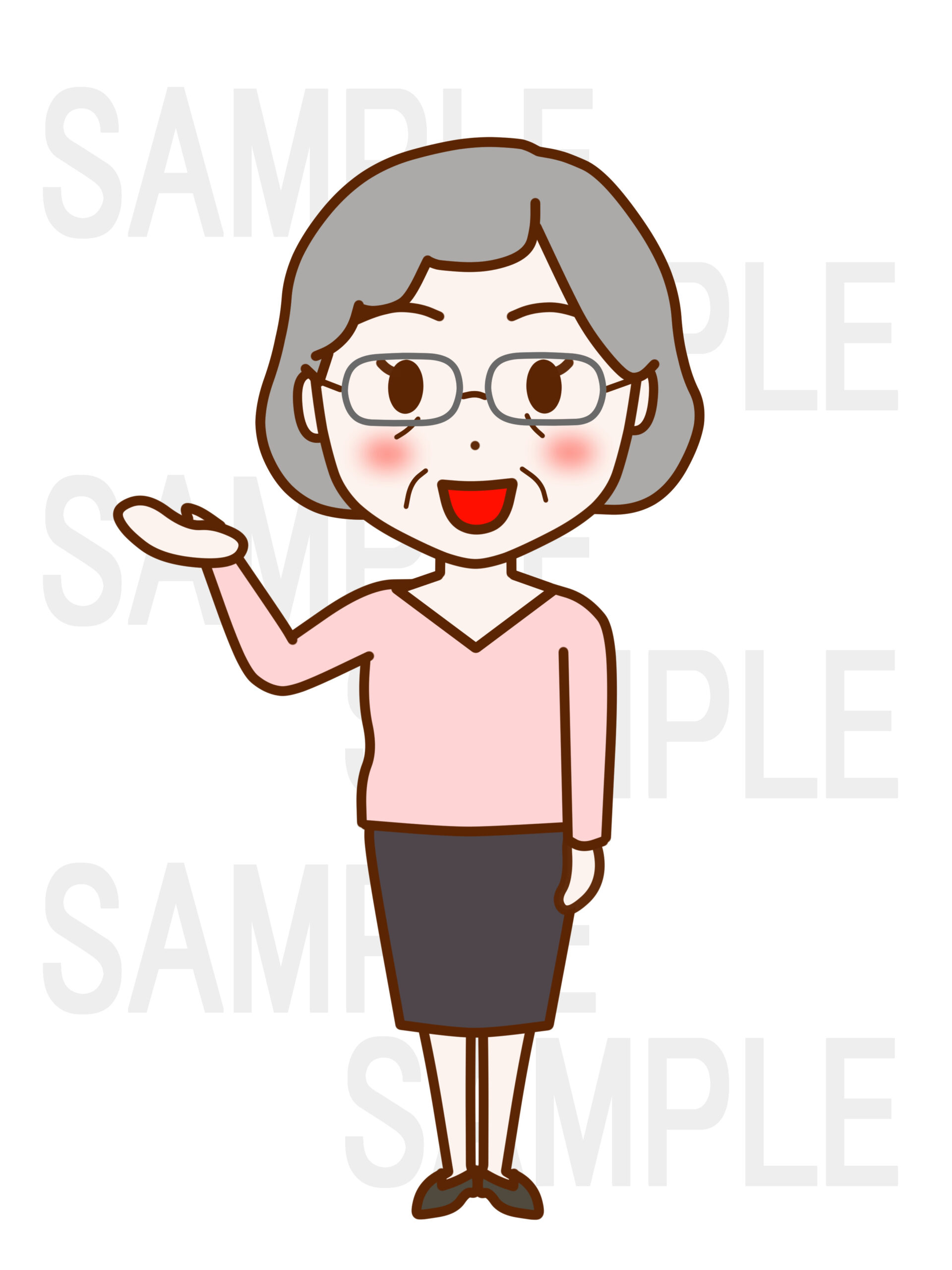全身正面で笑顔を作りこちらですと手のひらで案内する女性