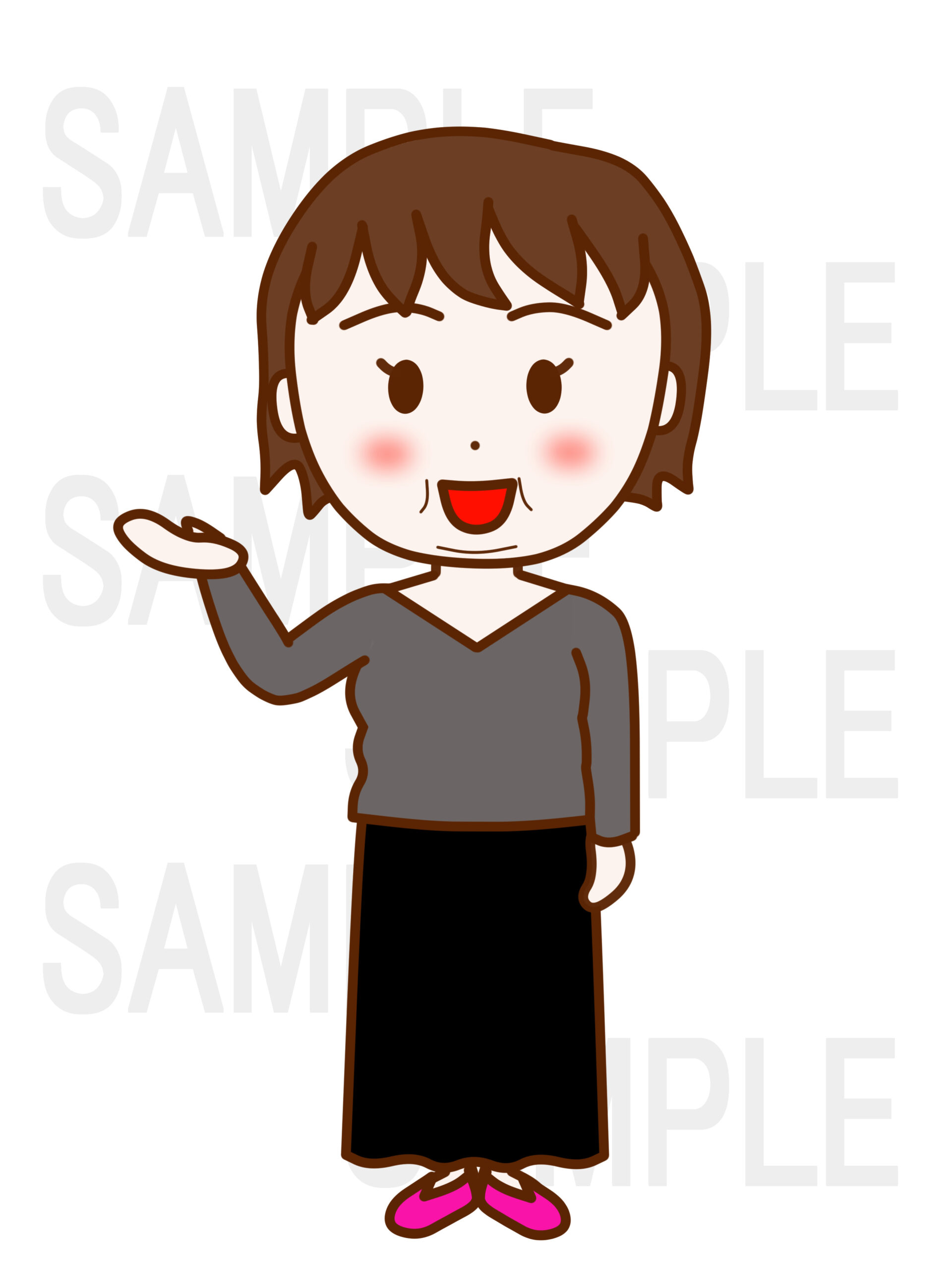 全身正面で笑顔を作りこちらですと手のひらで案内する女性