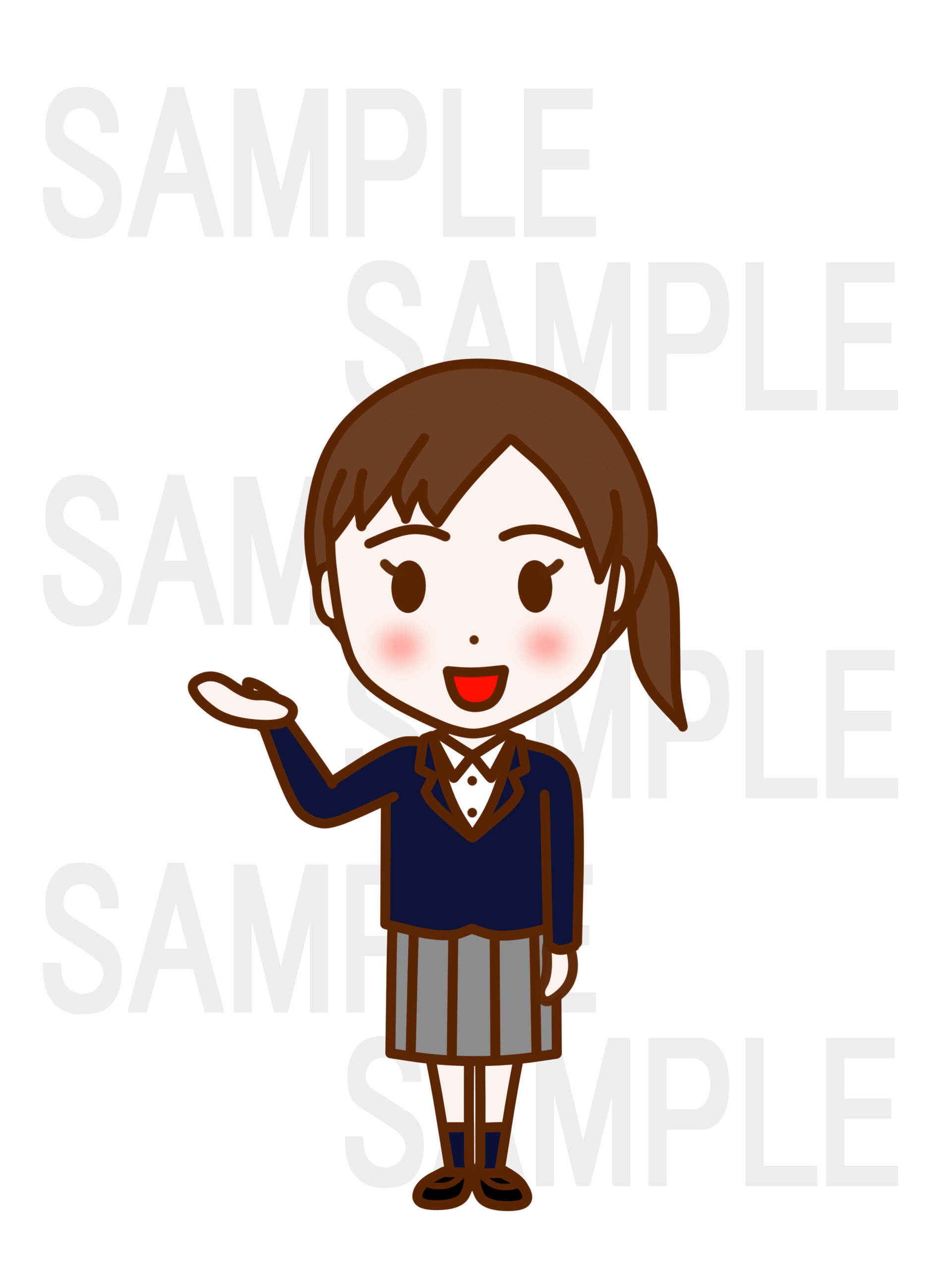 全身正面で笑顔を作りこちらですと手のひらで案内する少女