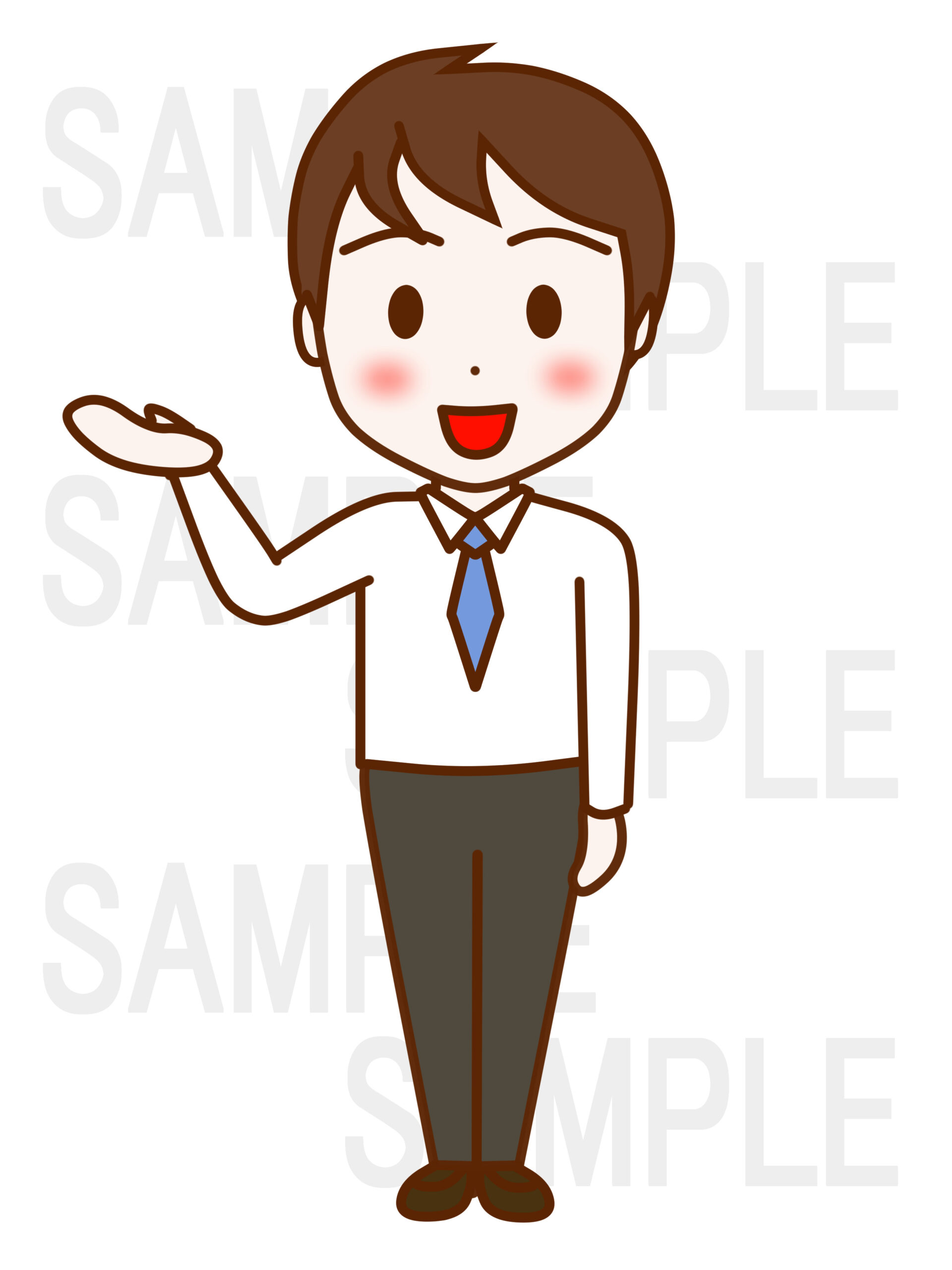 全身正面で笑顔を作りこちらですと手のひらで案内する男性
