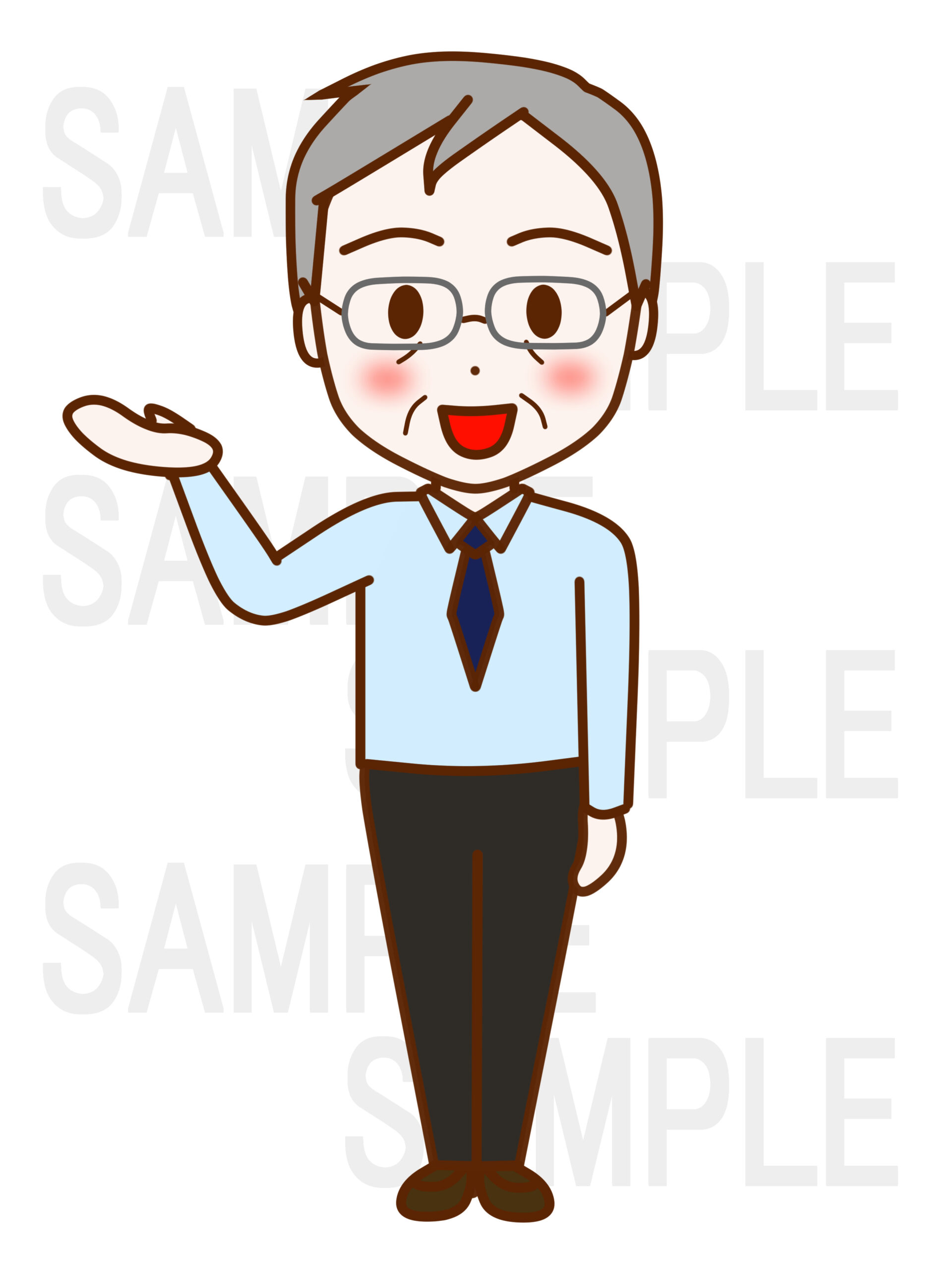 全身正面で笑顔を作りこちらですと手のひらで案内する男性