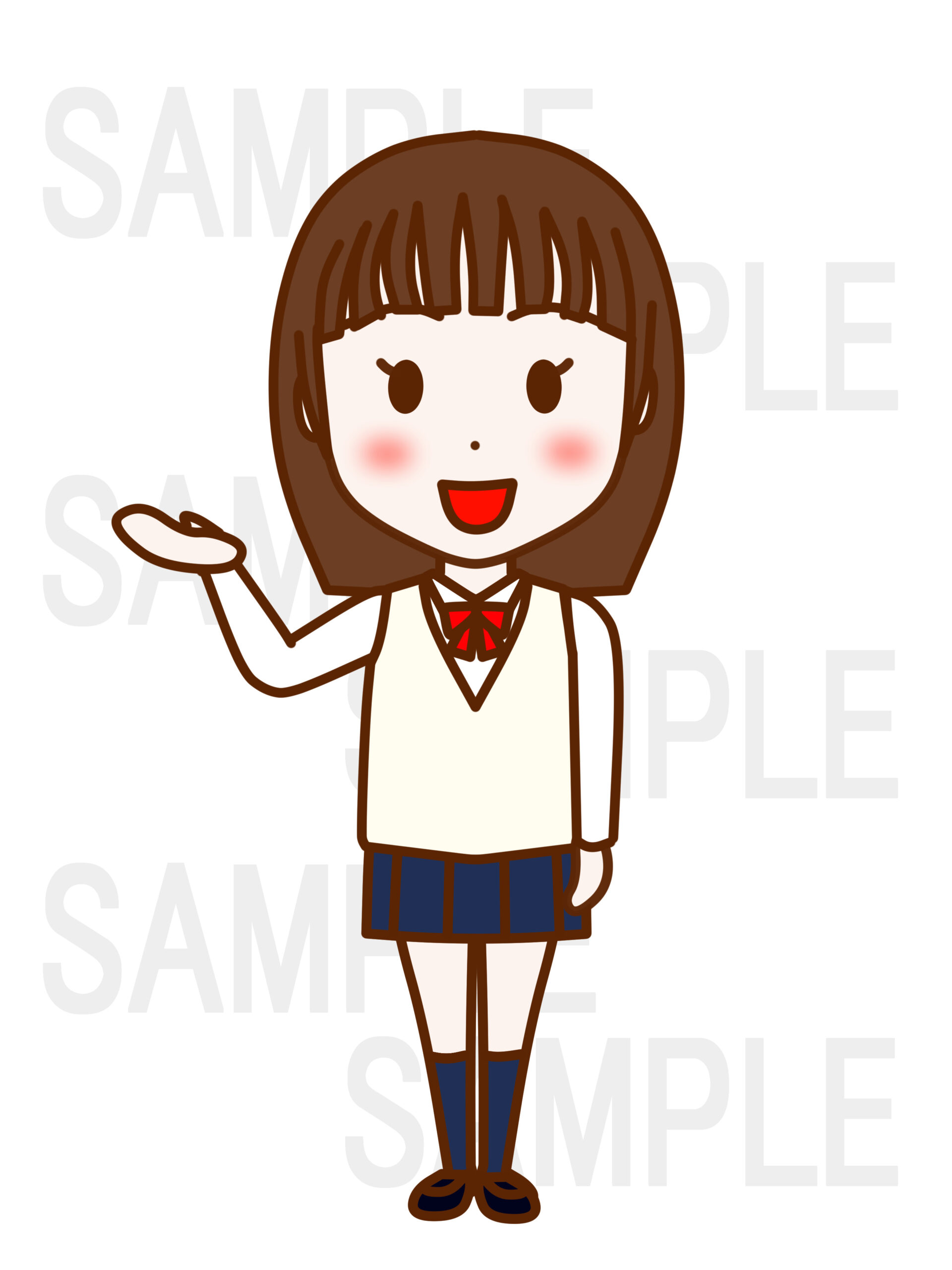 全身正面で笑顔を作りこちらですと手のひらで案内する女子