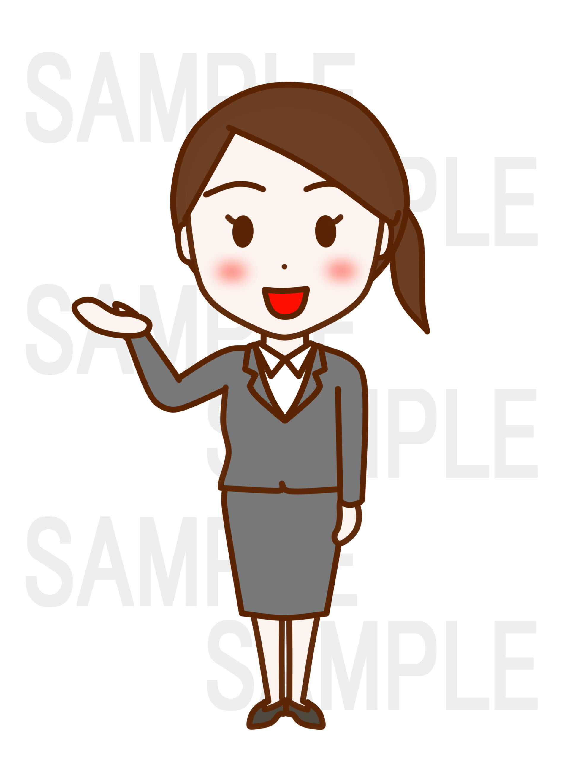 全身正面で笑顔を作りこちらですと手のひらで案内する女性