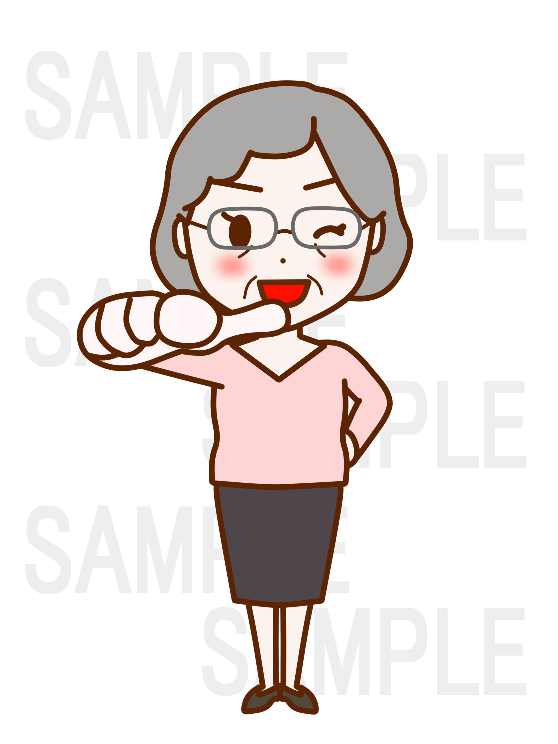 全身正面で相手を指さして笑顔で「君だ！」と励ます女性