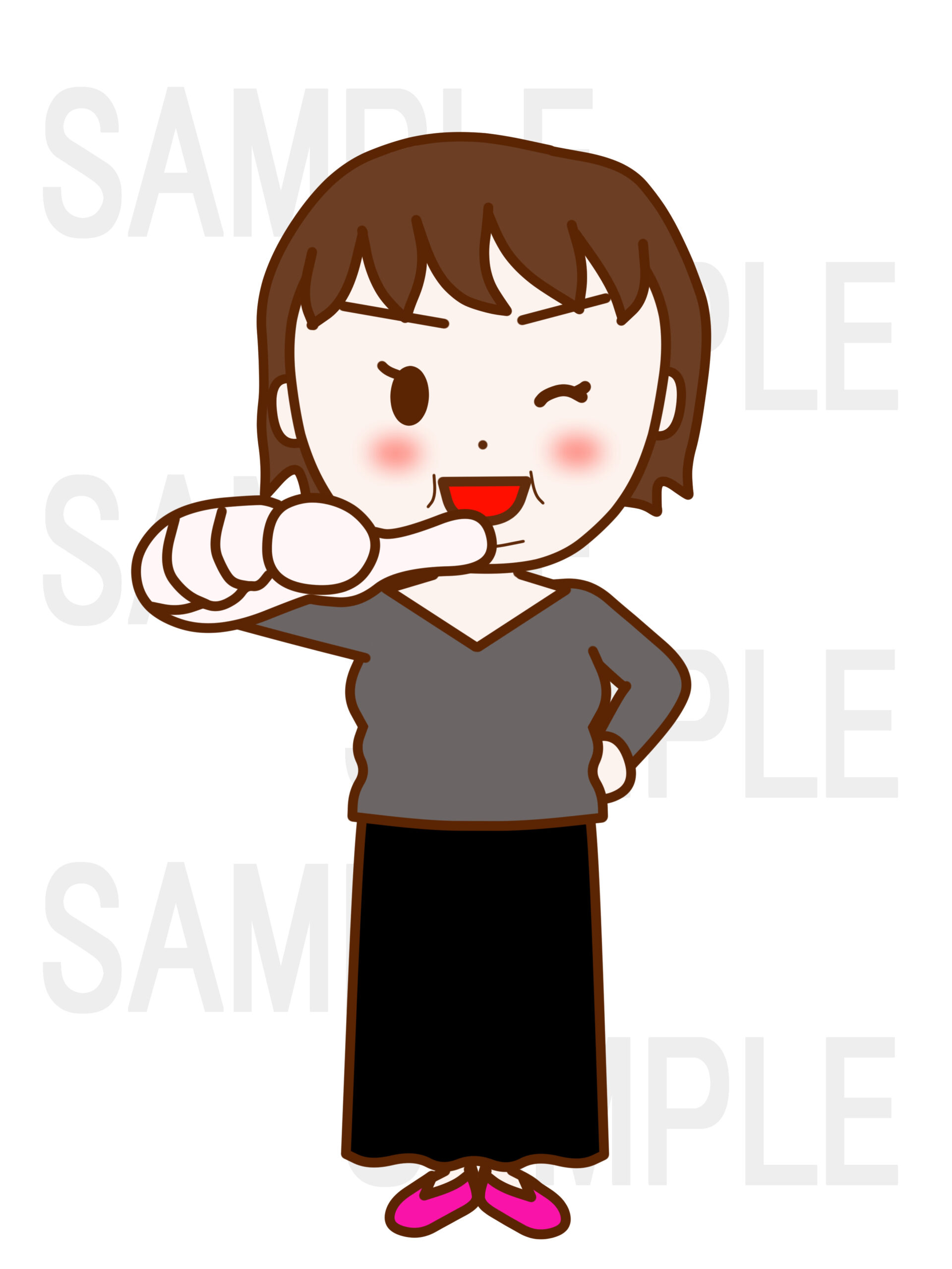 全身正面で相手を指さして笑顔で「君だ！」と励ます女性