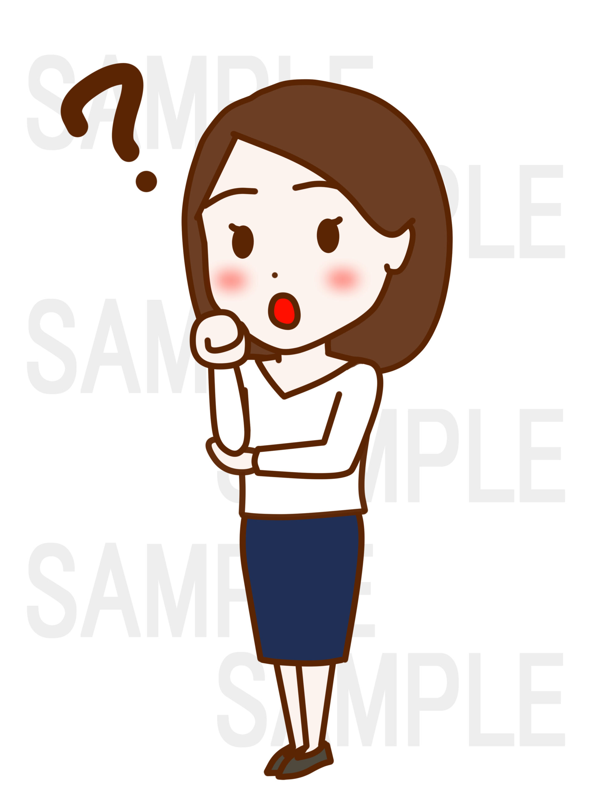 全身斜めで顔にグーの手を当てて首をかしげてはてなと考え込む女性