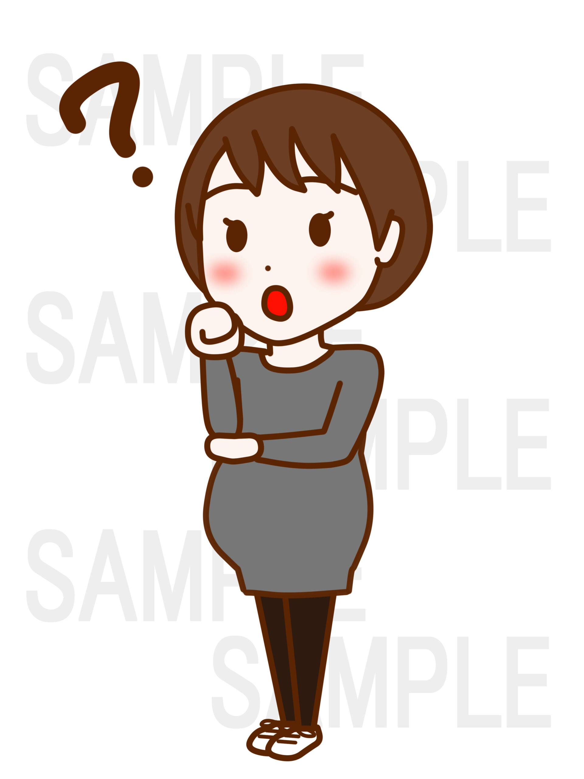 全身斜めで顔にグーの手を当てて首をかしげてはてなと考え込む女性