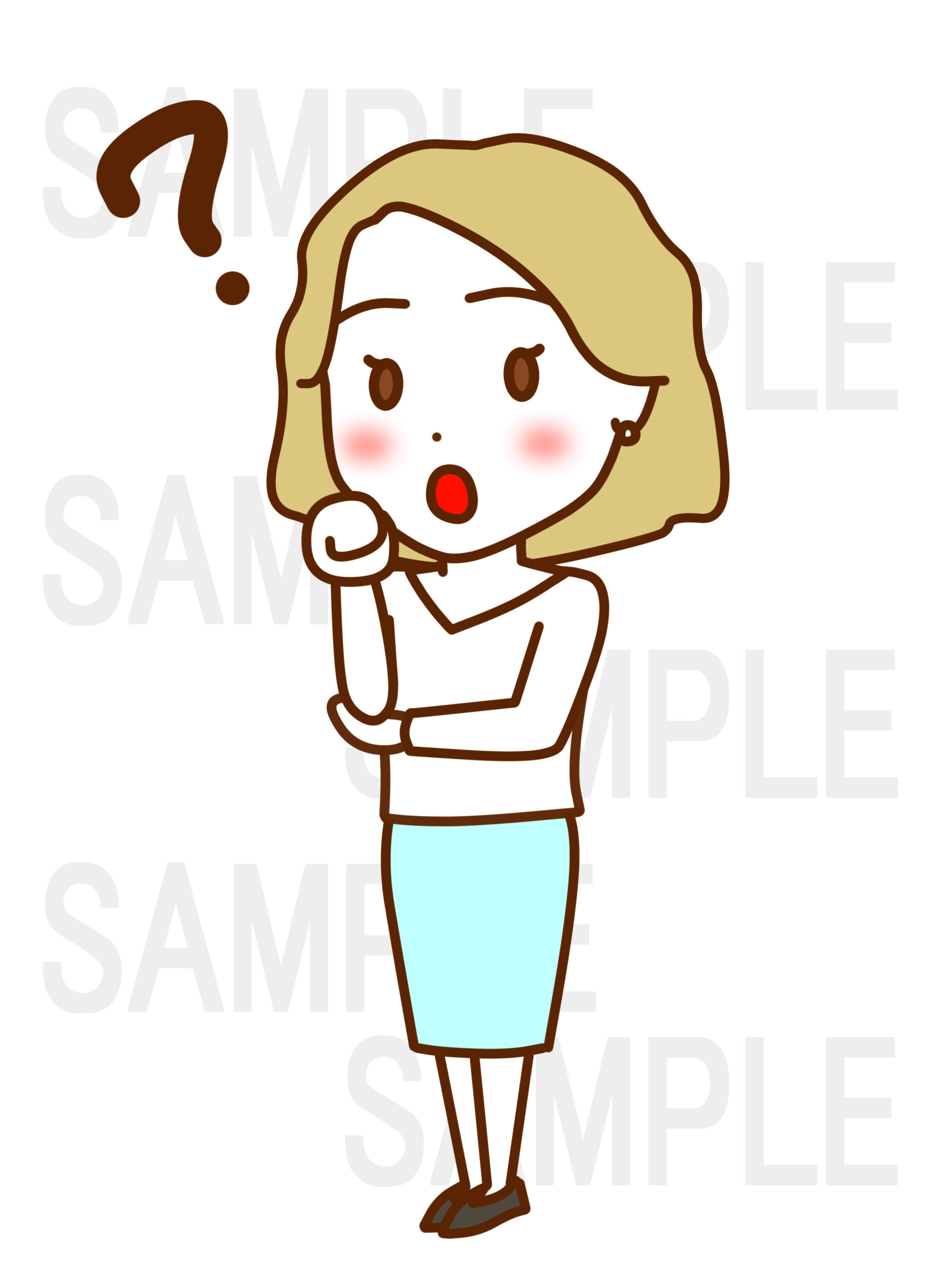 全身斜めで顔にグーの手を当てて首をかしげてはてなと考え込む女性