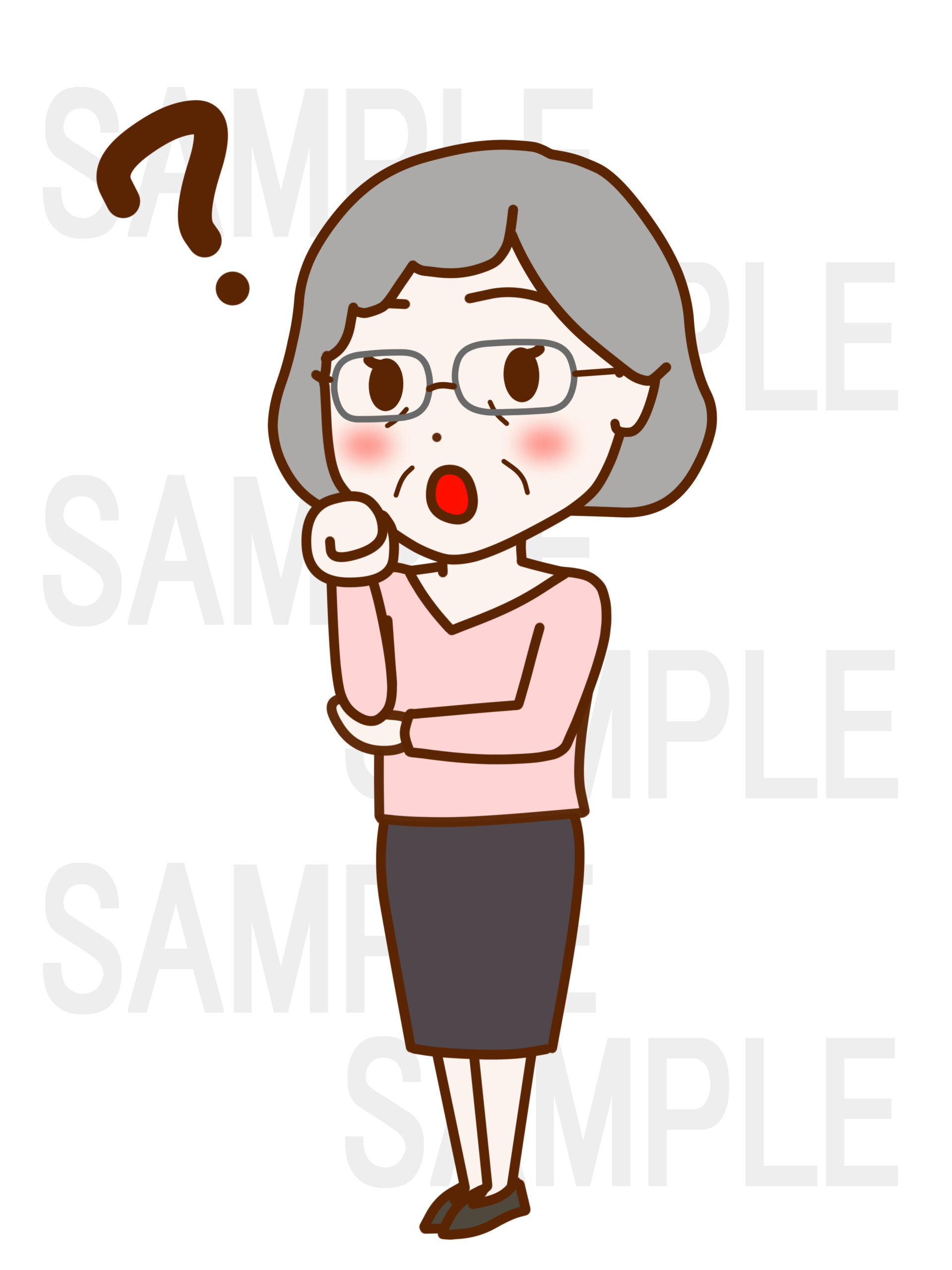 全身斜めで顔にグーの手を当てて首をかしげてはてなと考え込む女性
