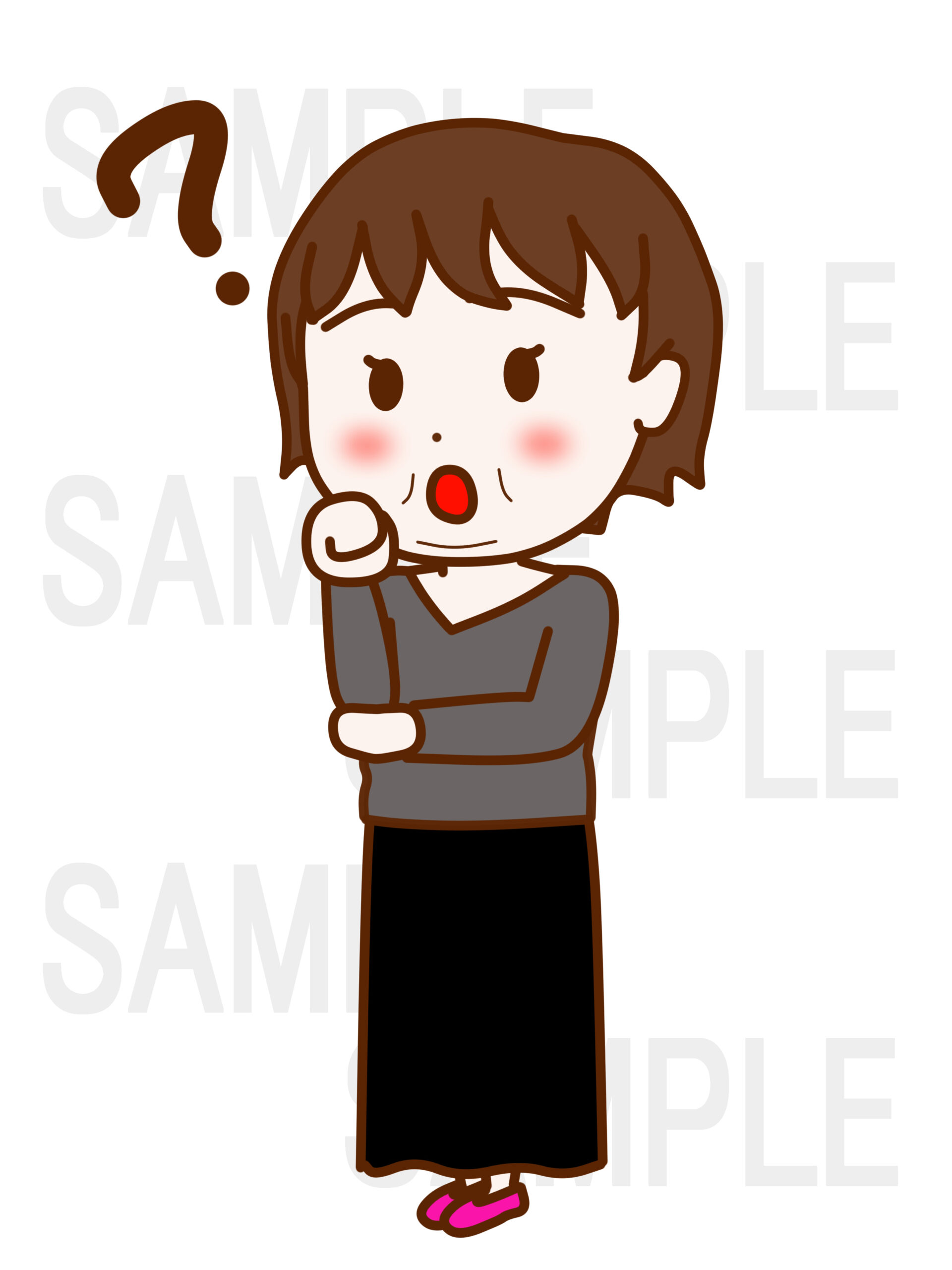 全身斜めで顔にグーの手を当てて首をかしげてはてなと考え込む女性