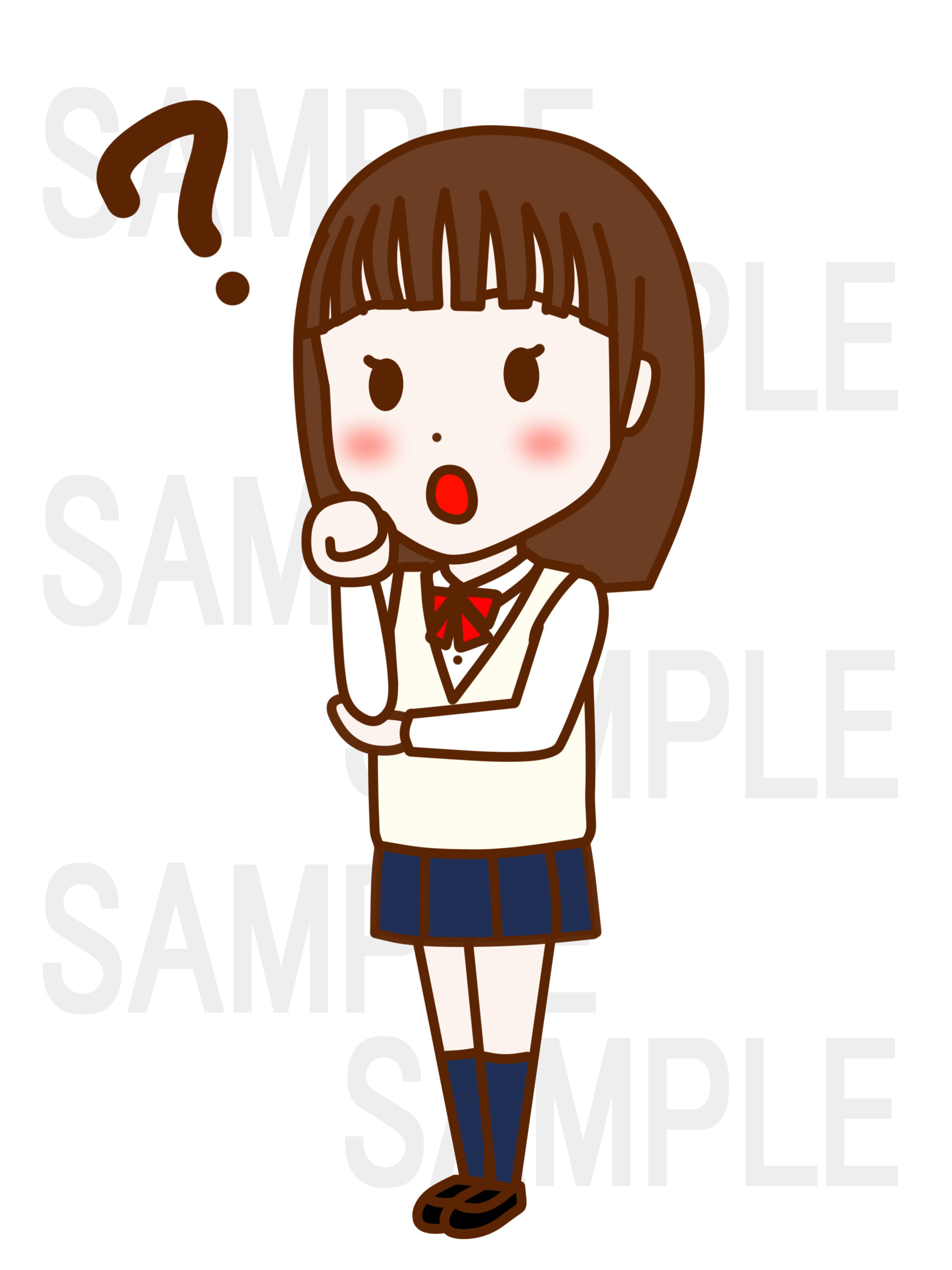 全身斜めで顔にグーの手を当てて首をかしげてはてなと考え込む女子