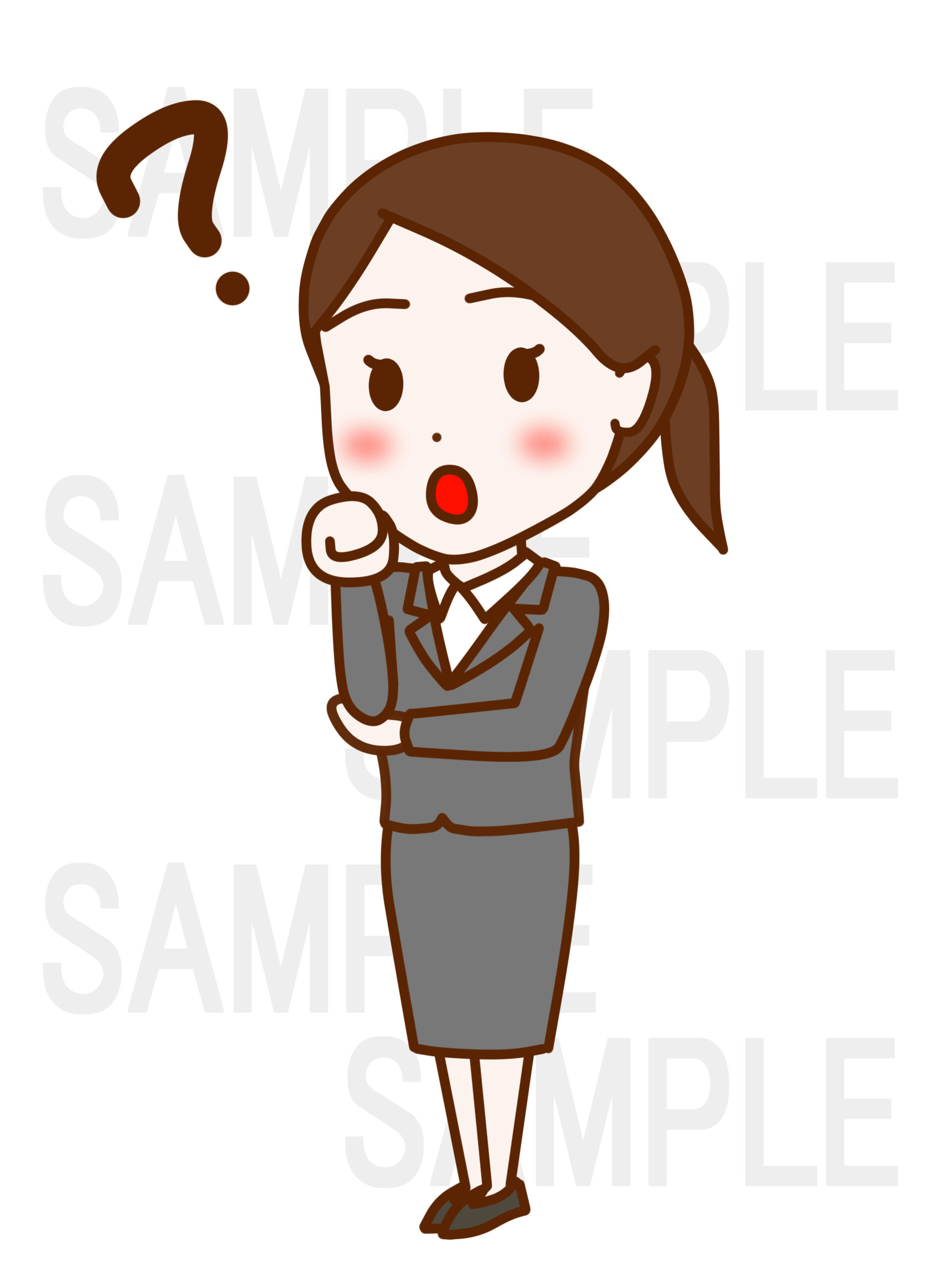 全身斜めで顔にグーの手を当てて首をかしげてはてなと考え込む女性