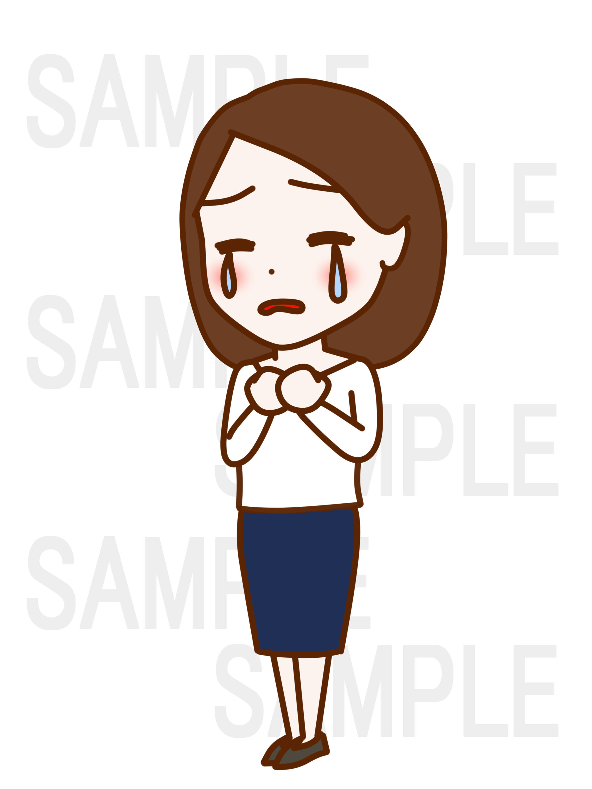全身斜めで胸に手を当て泣いている女性