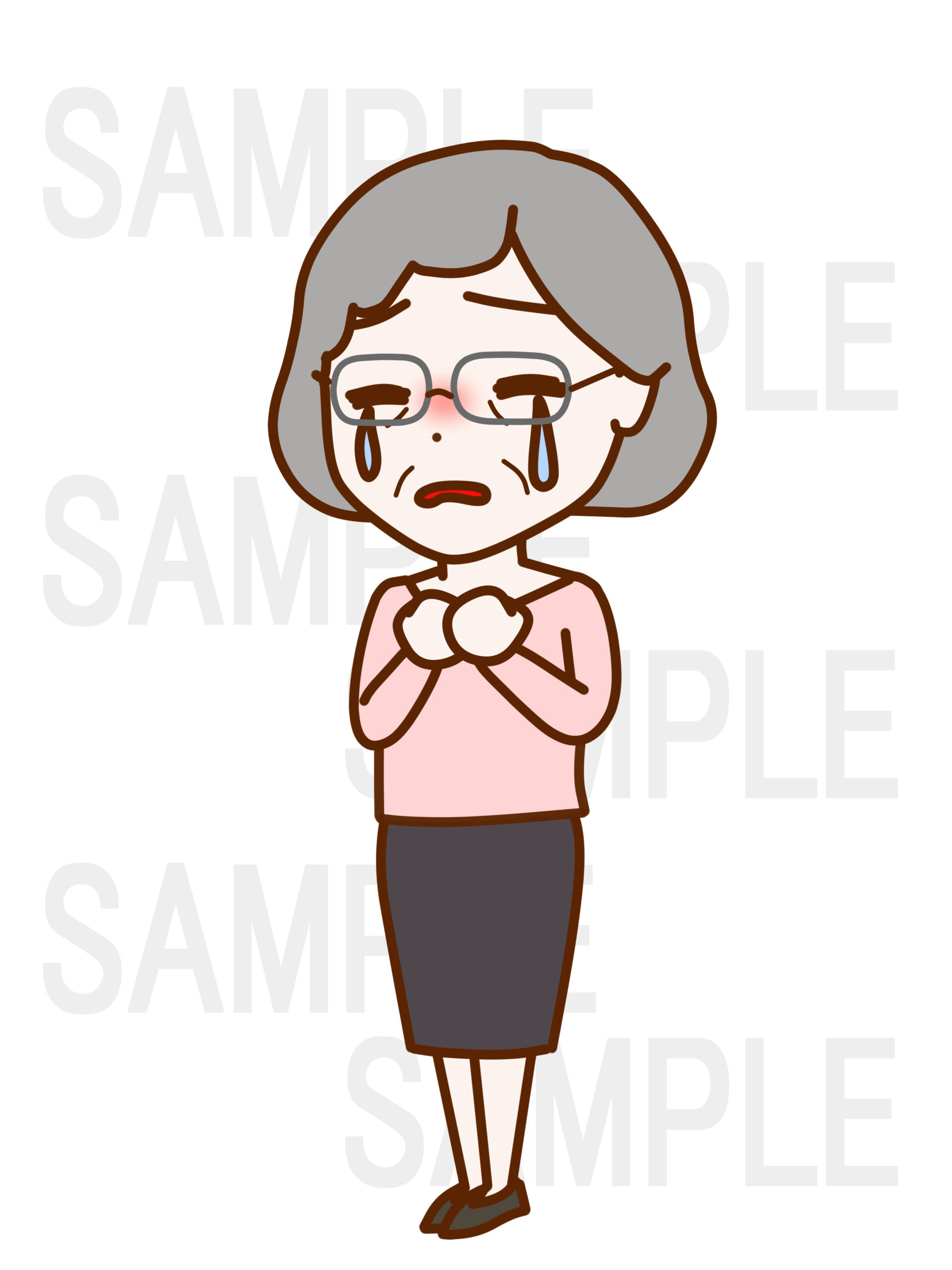 全身斜めで胸に手を当て泣いている女性