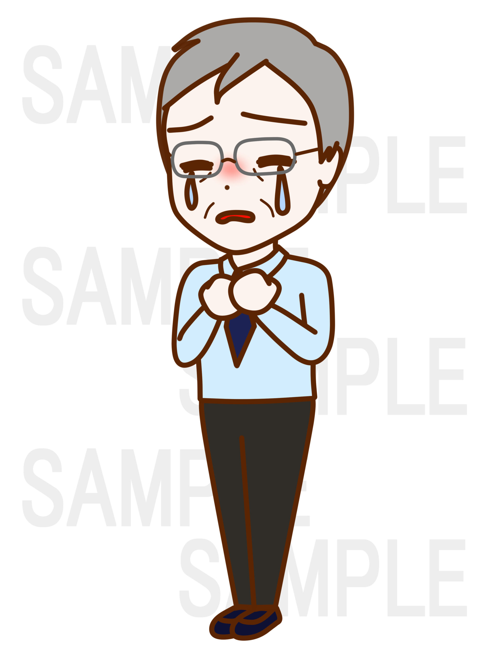 全身斜めで胸に手を当て泣いている男性