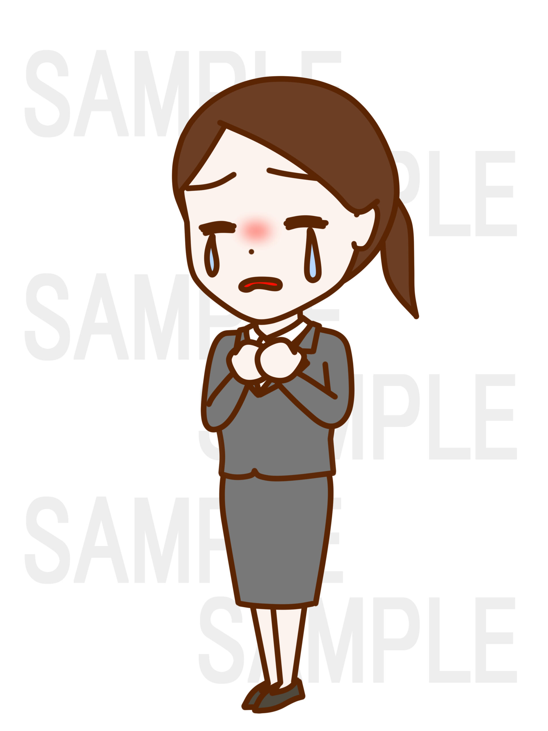 全身斜めで胸に手を当て泣いている女性