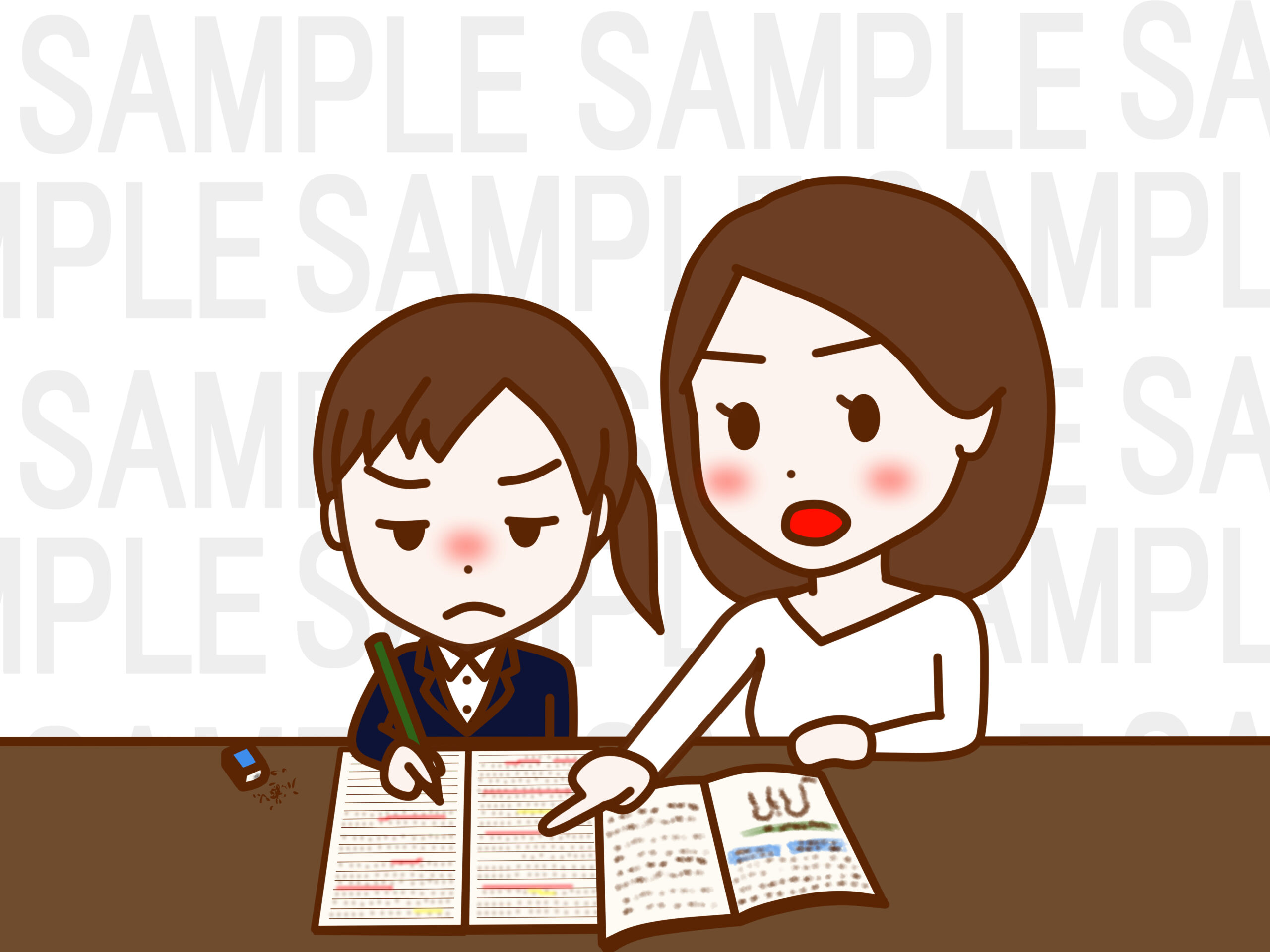 むすっとして勉強をする日本人少女と叱咤激励して教える