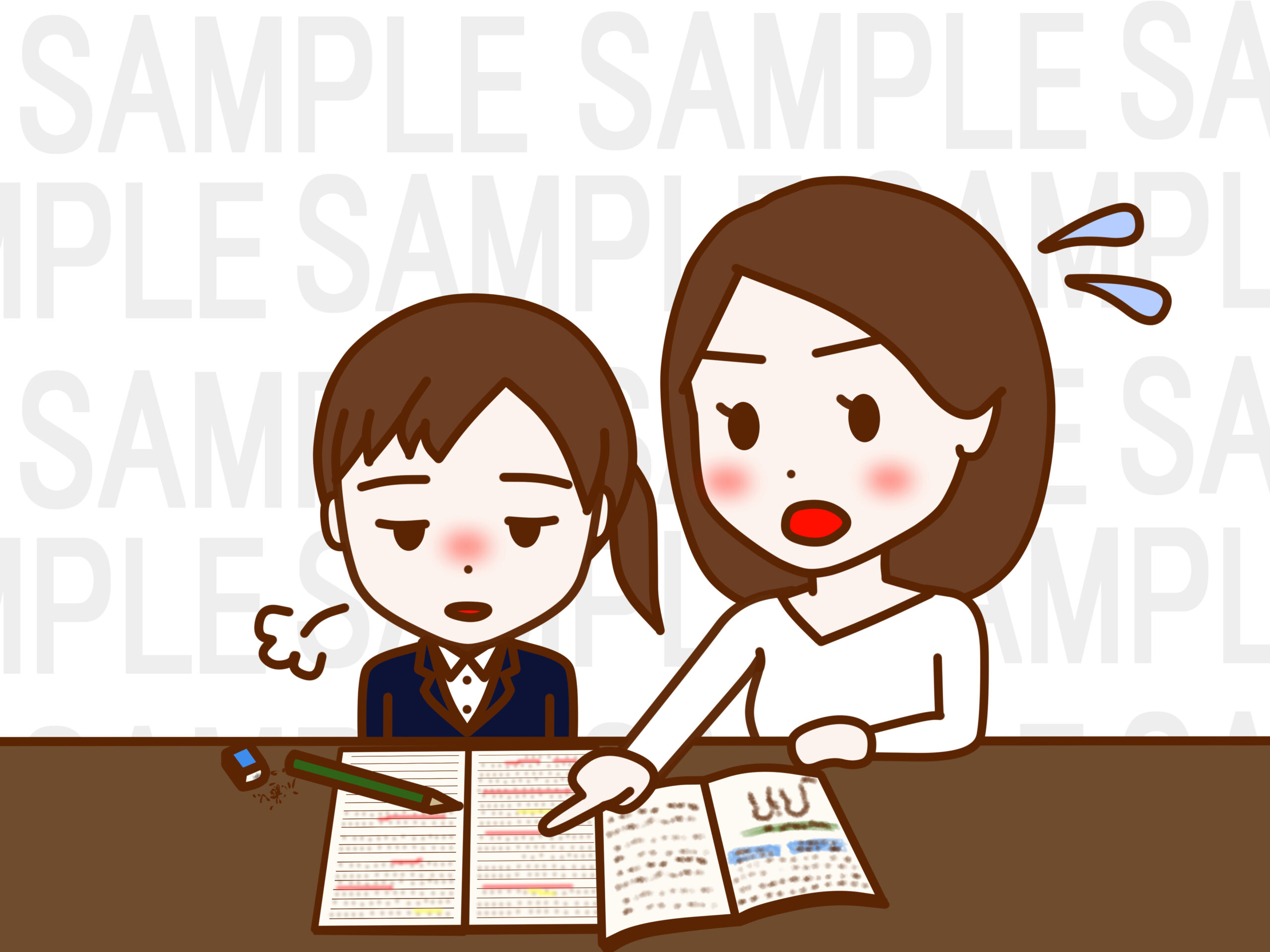 やる気なくため息をついて勉強をする日本人少女と焦って一生懸命教える日本人女性