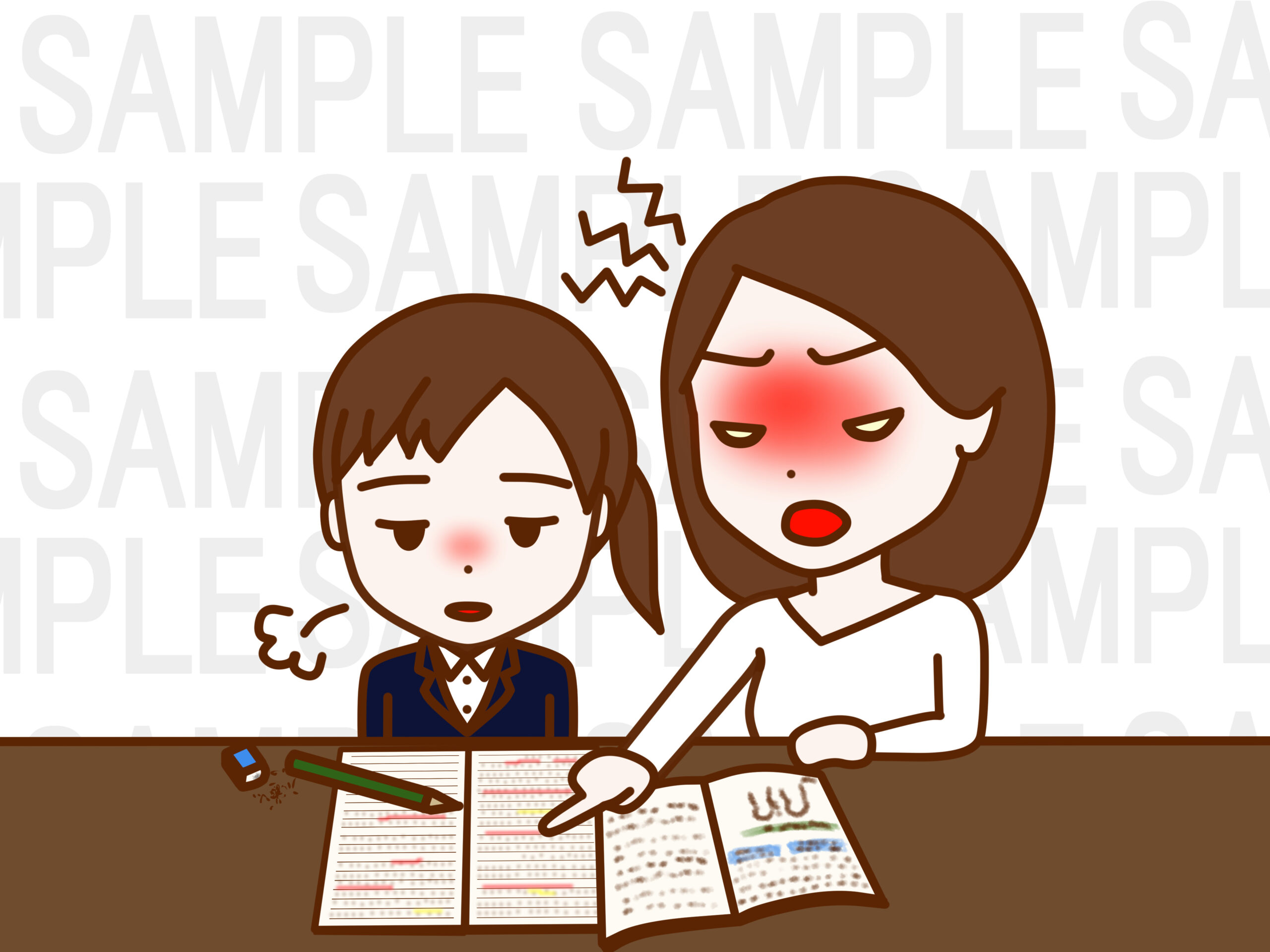 やる気なくため息をついて勉強をする日本人少女と怒りながら教える