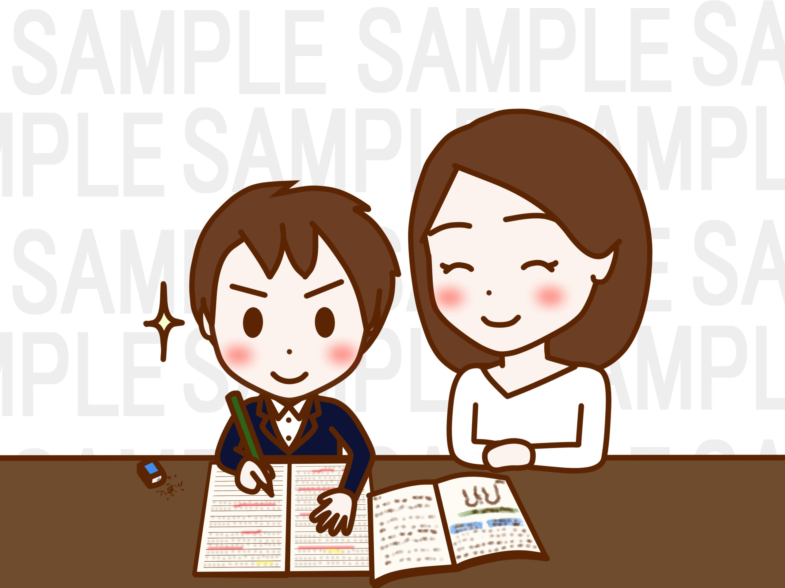 楽しんで一生懸命勉強をする日本人少年とそれを笑顔で見守る日本人女性