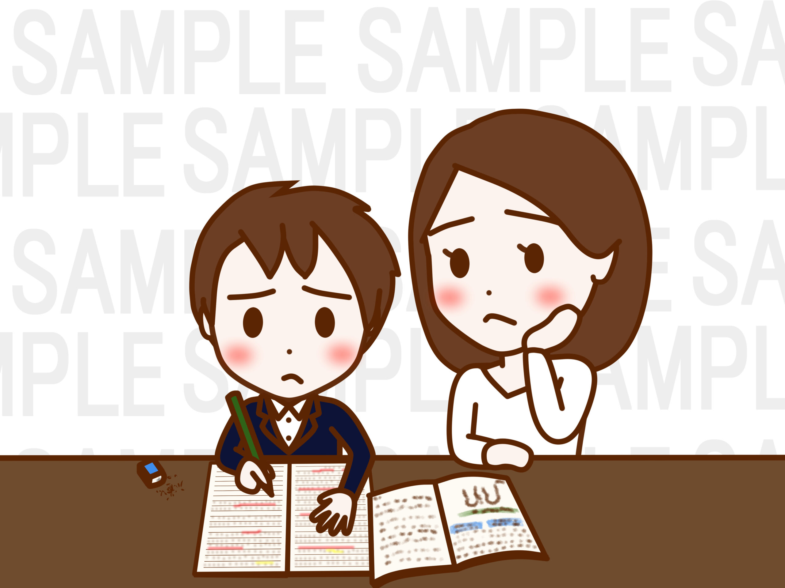 迷いながら勉強して日本人少年とそれを見て心配する日本人女性