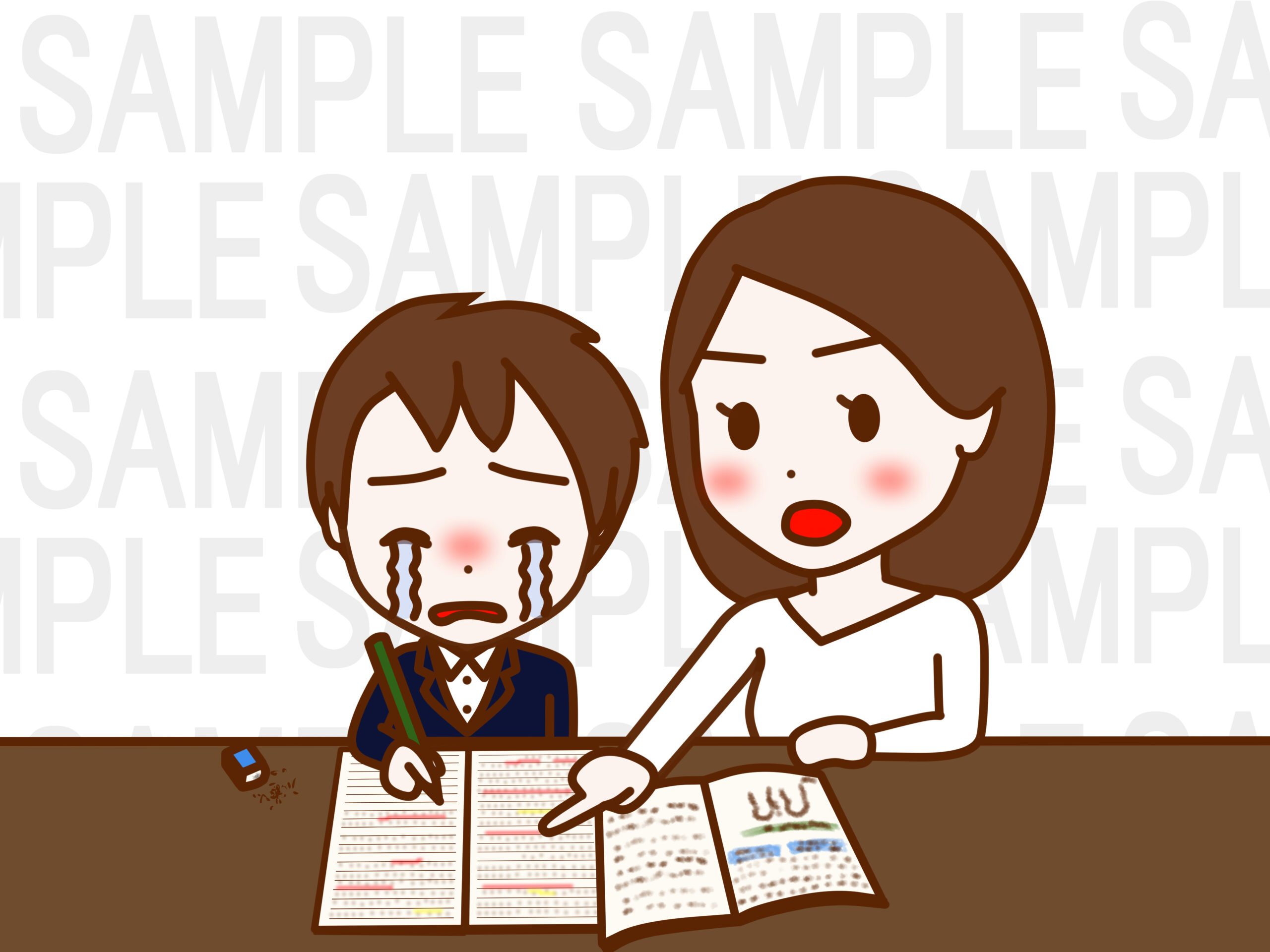 泣きながら勉強をする日本人少年と叱咤激励し教える日本人女性