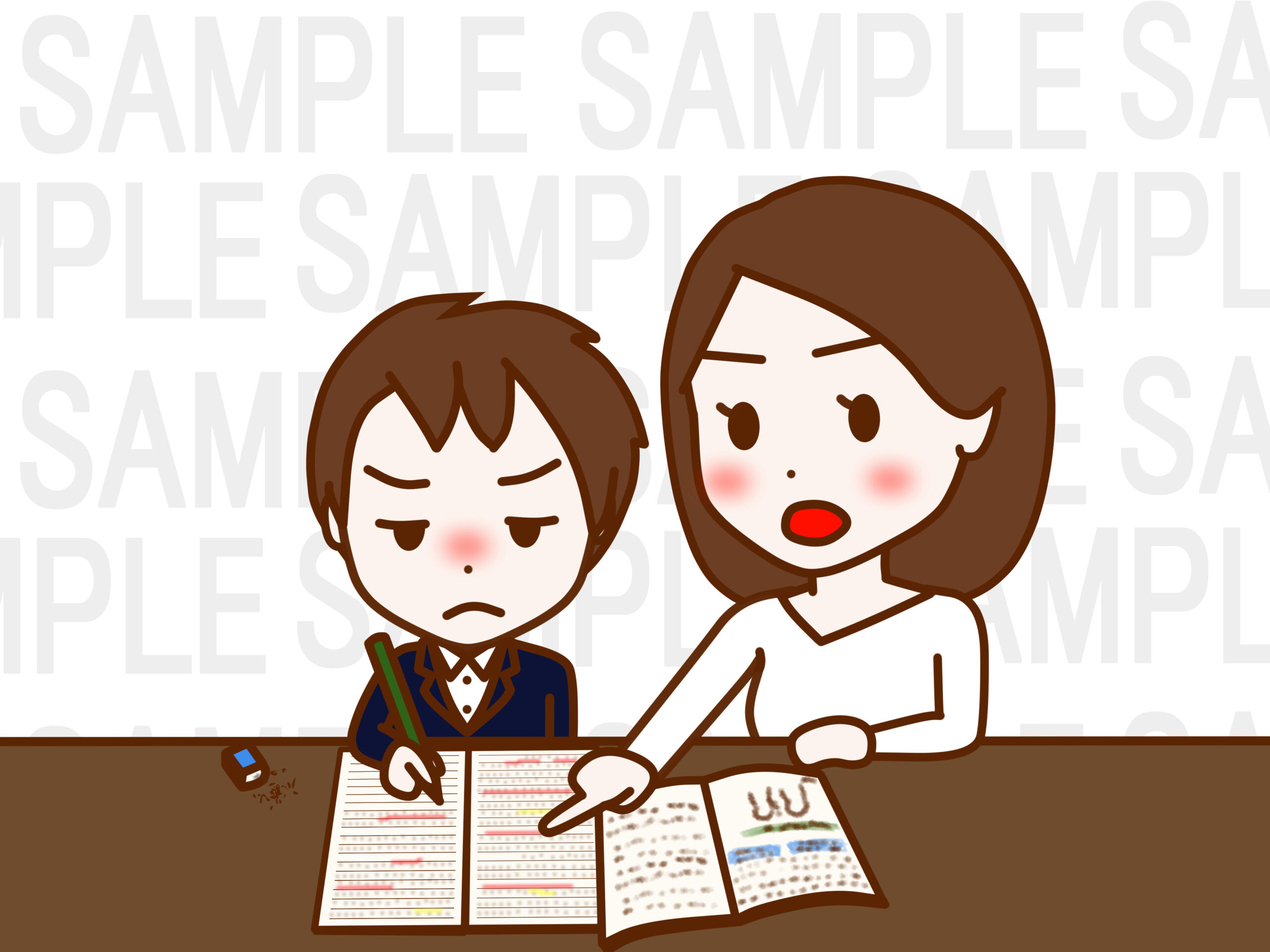 むすっとして勉強をする日本人少年と叱咤激励して教える日本人女性