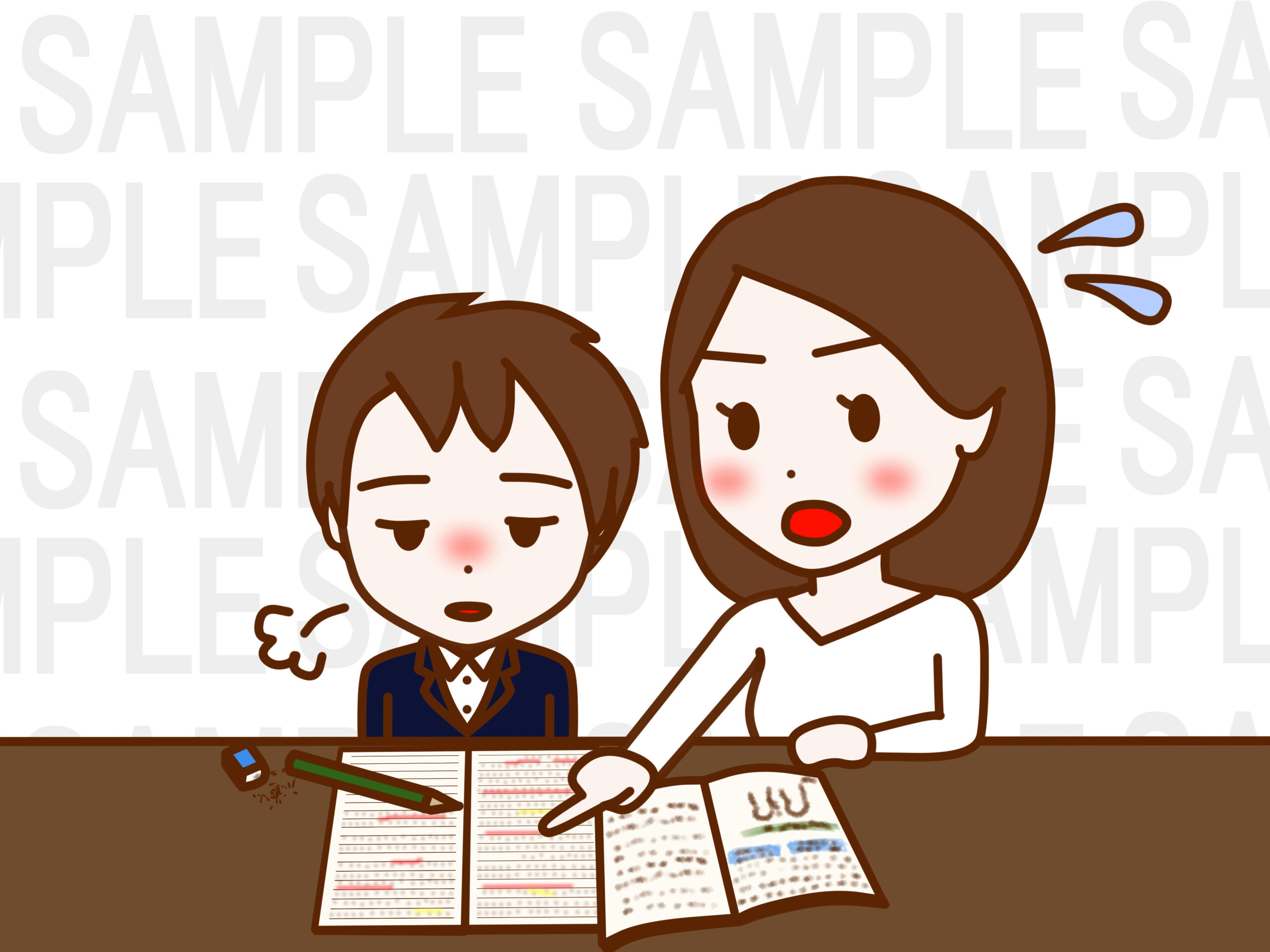やる気なくため息をついて勉強をする日本人少年と焦って一生懸命教える日本人女性