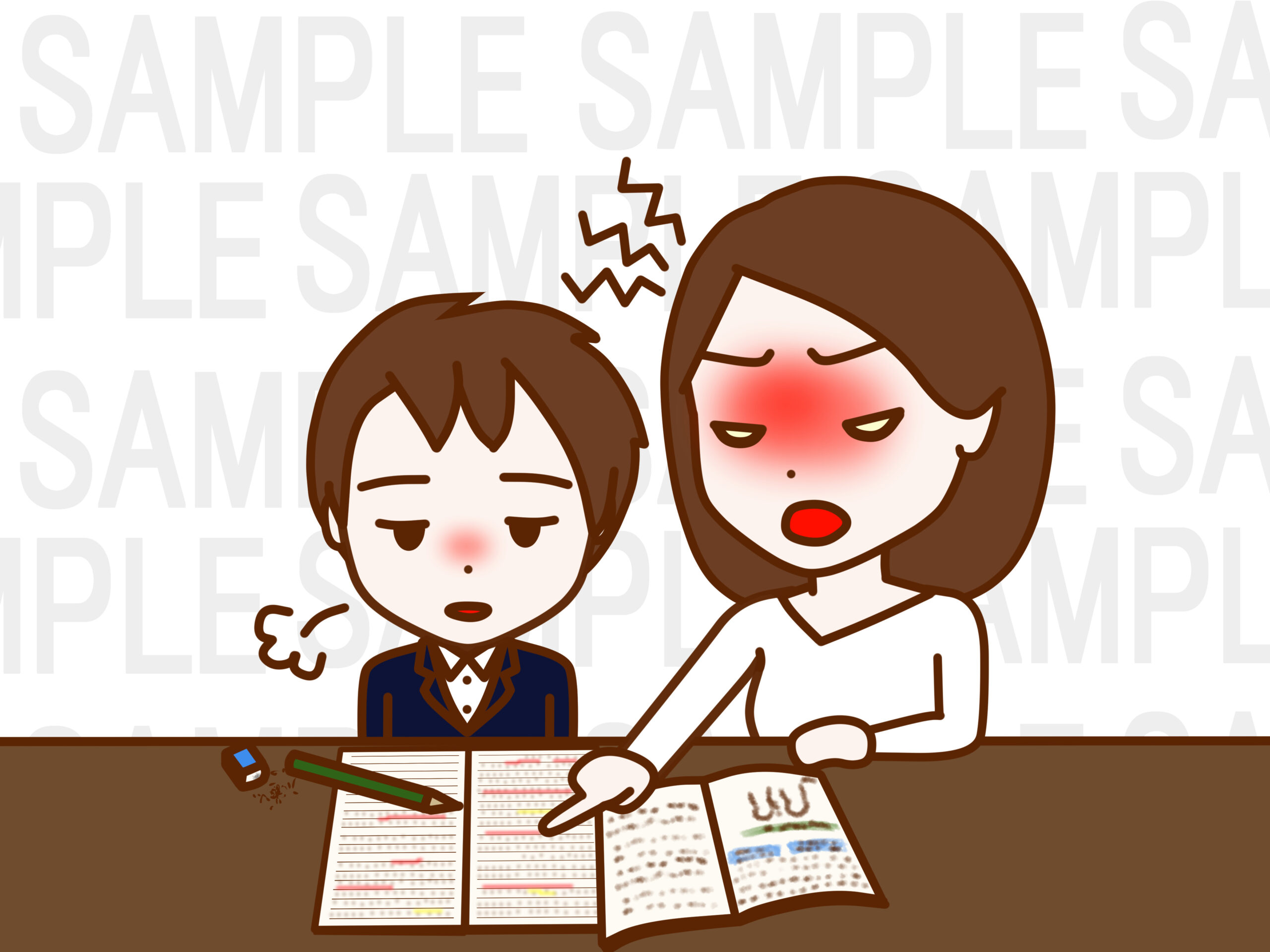 やる気なくため息をついて勉強をする日本人少年と怒りながら教える日本人女性