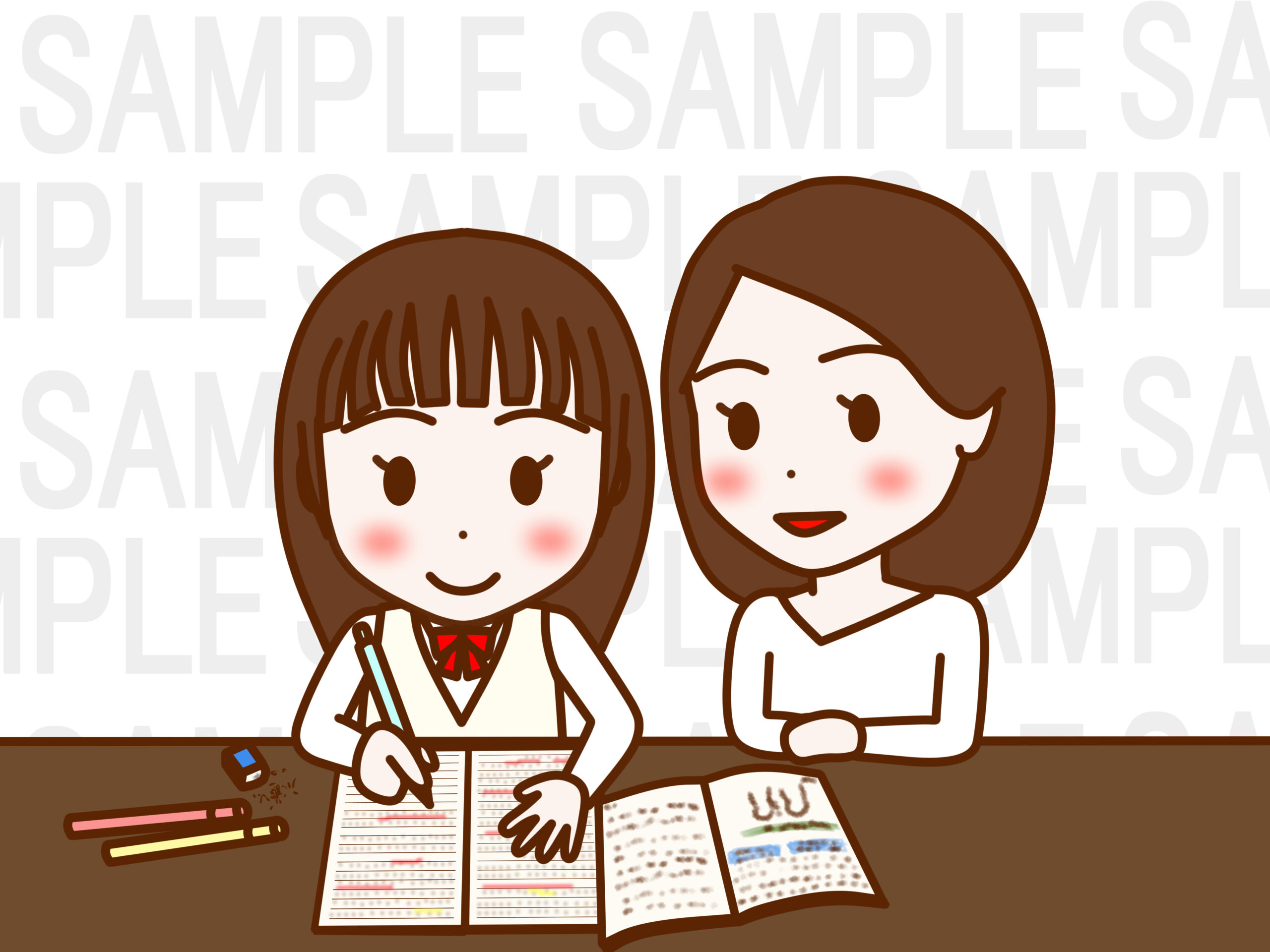 2人で勉強をする女子高生と日本人女性